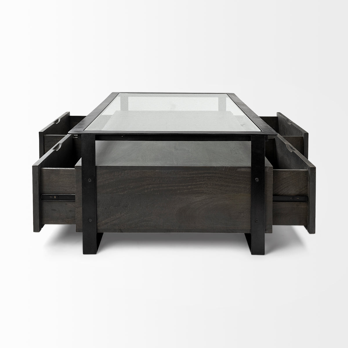 Vidro 54x30 Rectangular Glass Top Black Solid Wood Drawers & Black Frame Coffee Table-Coffee Tables-DECOROLALA