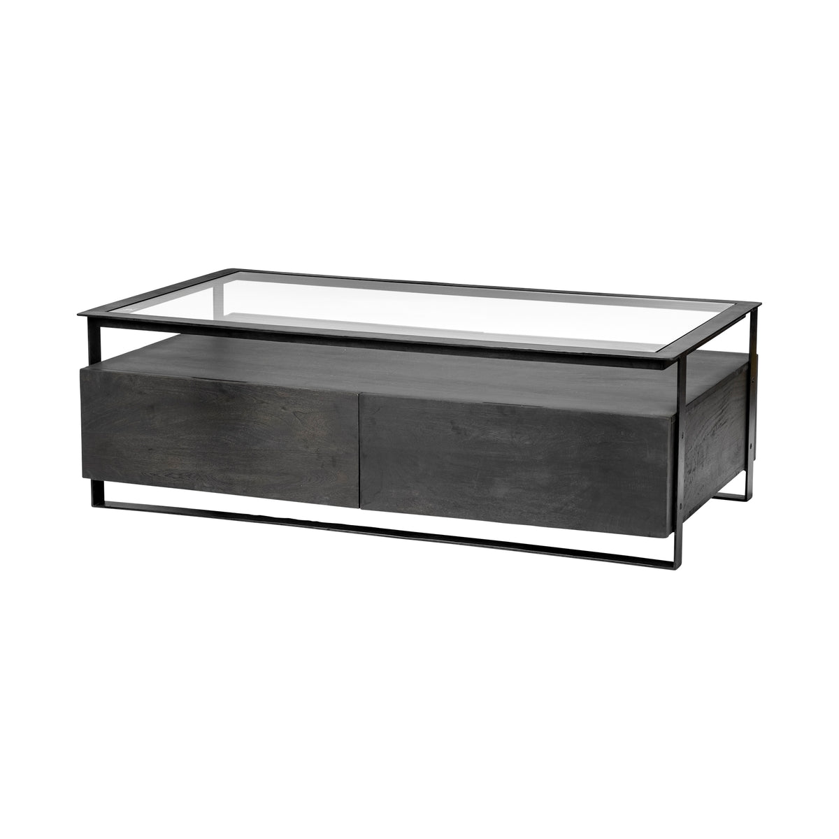 Vidro 54x30 Rectangular Glass Top Black Solid Wood Drawers & Black Frame Coffee Table-Coffee Tables-DECOROLALA