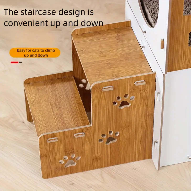 Villa-Style Cat Scratcher Wood House - Plaid Bunk Bed Lounge-Cat Tree & Scratchers-DECOROLALA