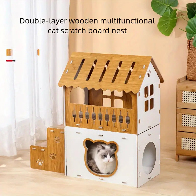 Villa-Style Cat Scratcher Wood House - Plaid Bunk Bed Lounge-Cat Tree & Scratchers-DECOROLALA