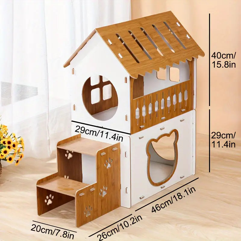 Villa-Style Cat Scratcher Wood House - Plaid Bunk Bed Lounge-Cat Tree & Scratchers-DECOROLALA