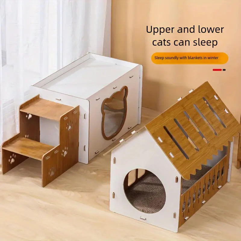 Villa-Style Cat Scratcher Wood House - Plaid Bunk Bed Lounge-Cat Tree & Scratchers-DECOROLALA