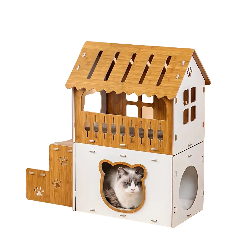 Villa-Style Cat Scratcher Wood House - Plaid Bunk Bed Lounge-Cat Tree & Scratchers-DECOROLALA