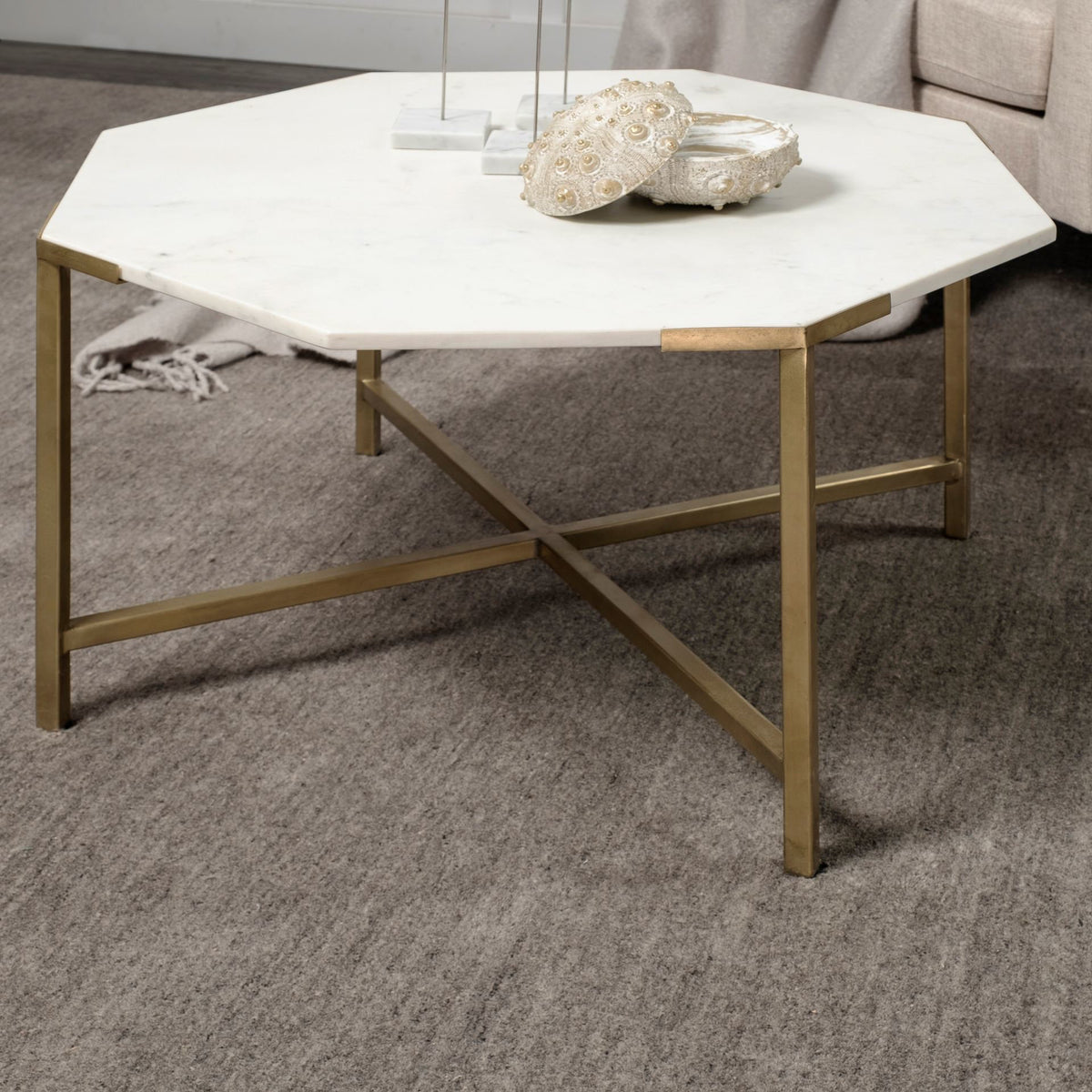 Vincent 33" Octagonal White Marble Tabletop w/ Gold Metal Base Coffee Table-Coffee Tables-DECOROLALA