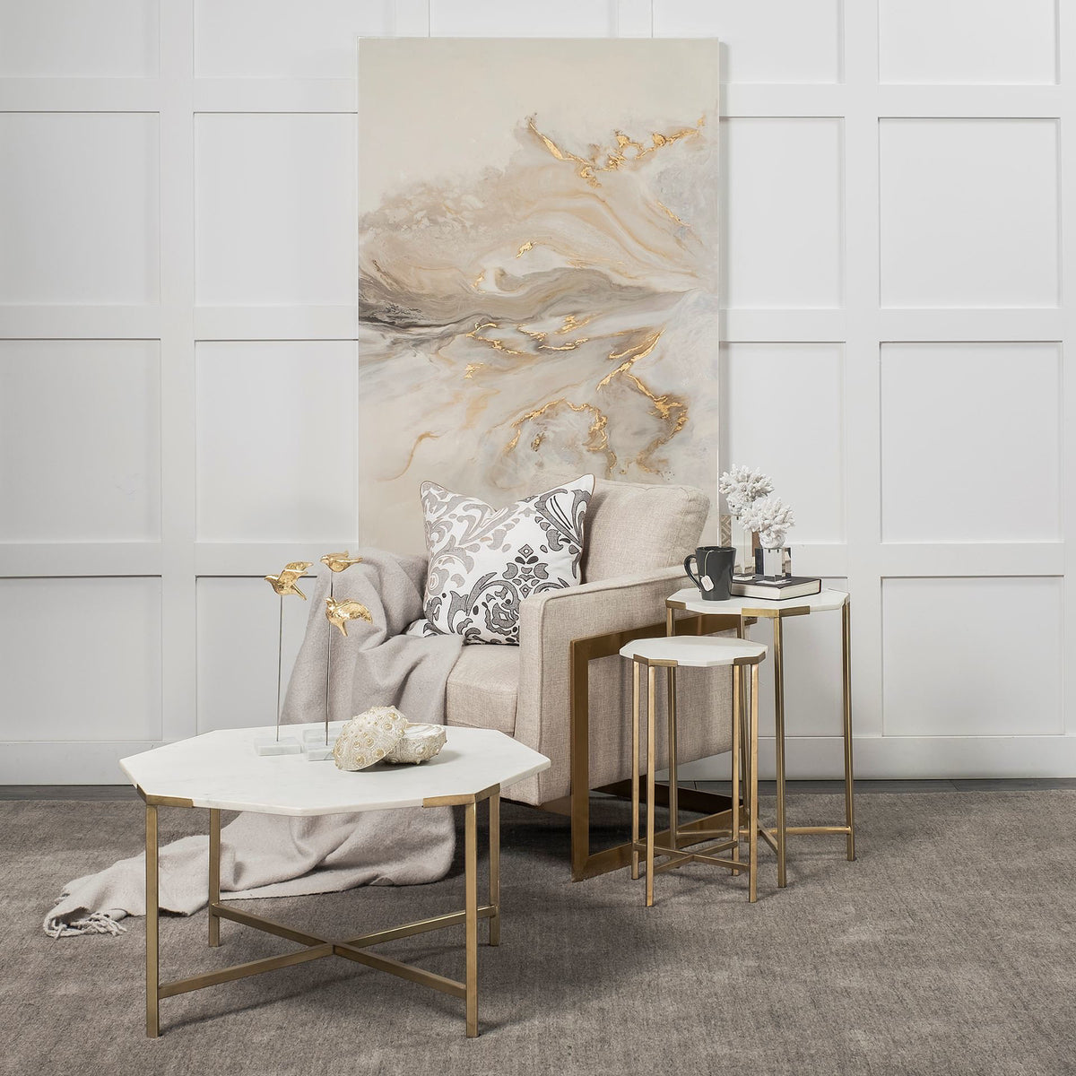 Vincent 33" Octagonal White Marble Tabletop w/ Gold Metal Base Coffee Table-Coffee Tables-DECOROLALA