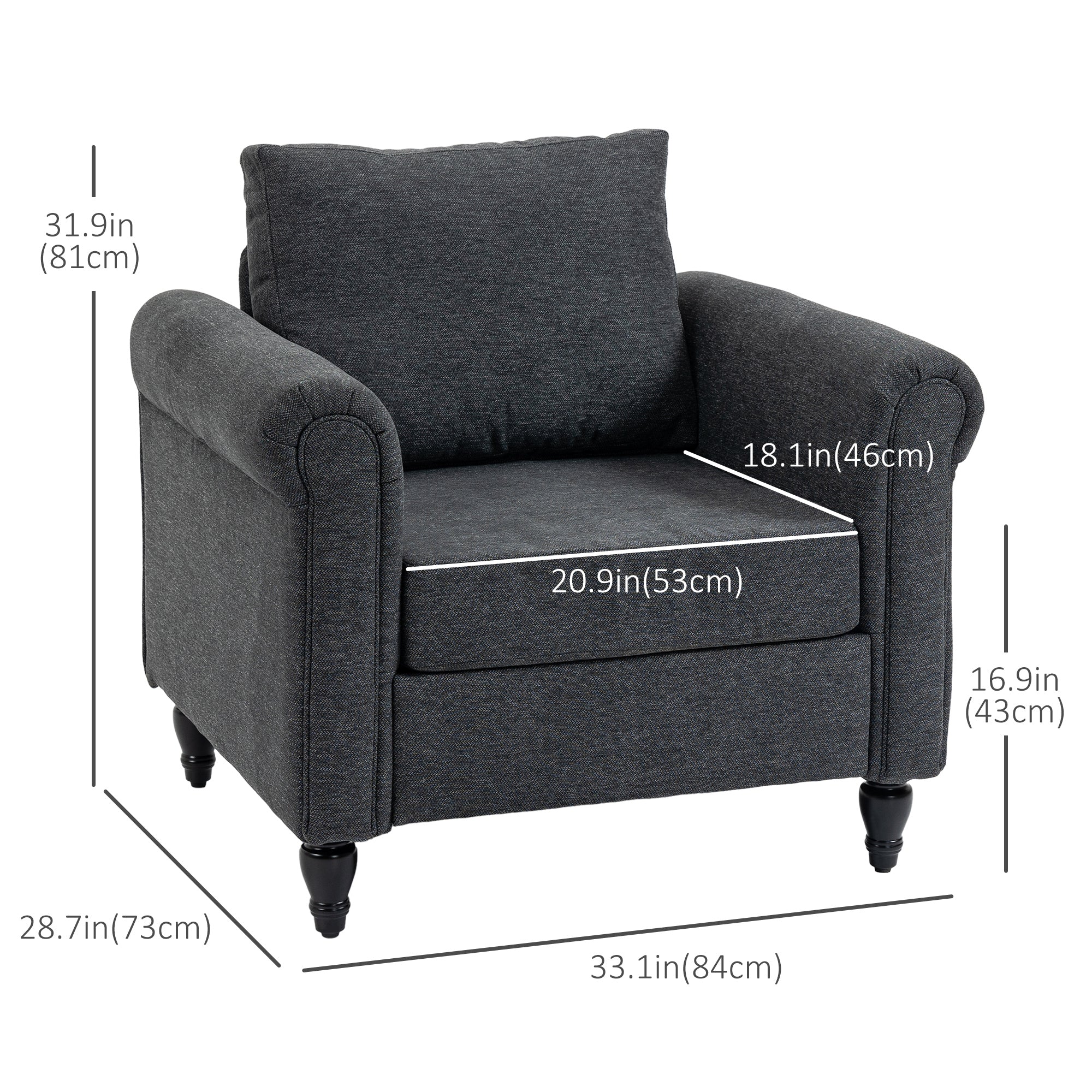 Vintage Armchair, Dark Grey, Rolled Arms, Rubber Wood Legs-DECOROLALA