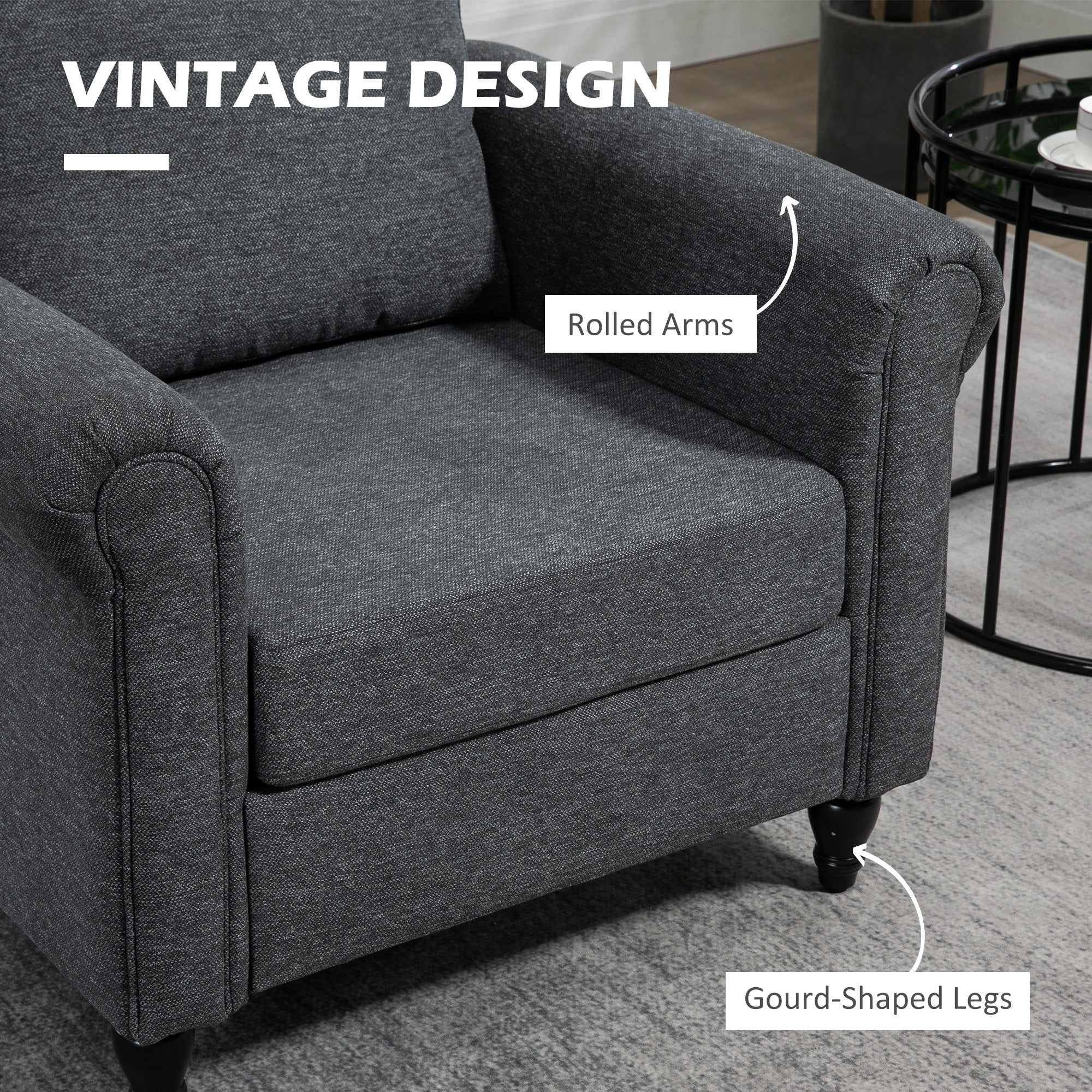 Vintage Armchair, Dark Grey, Rolled Arms, Rubber Wood Legs-DECOROLALA