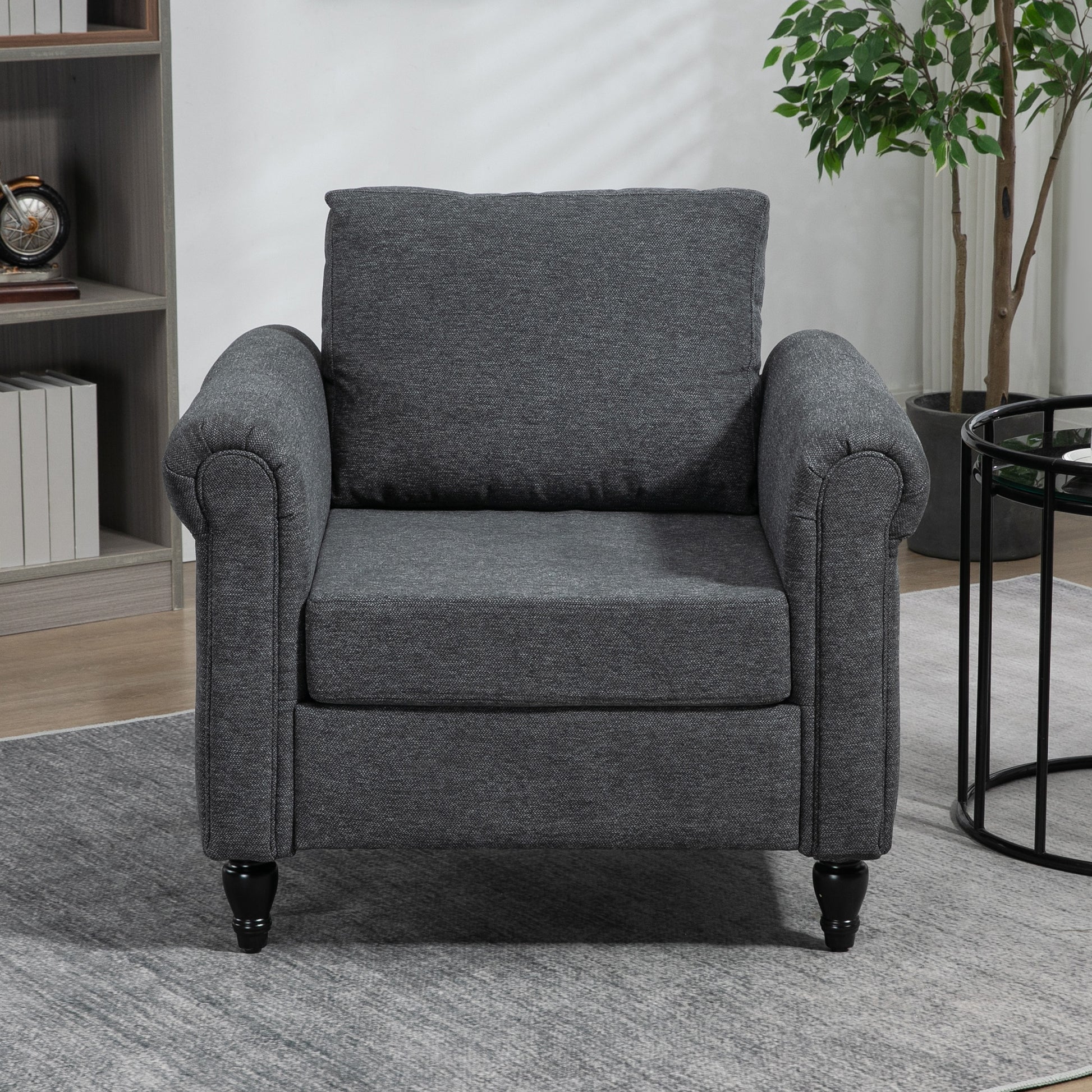 Vintage Armchair, Dark Grey, Rolled Arms, Rubber Wood Legs-DECOROLALA