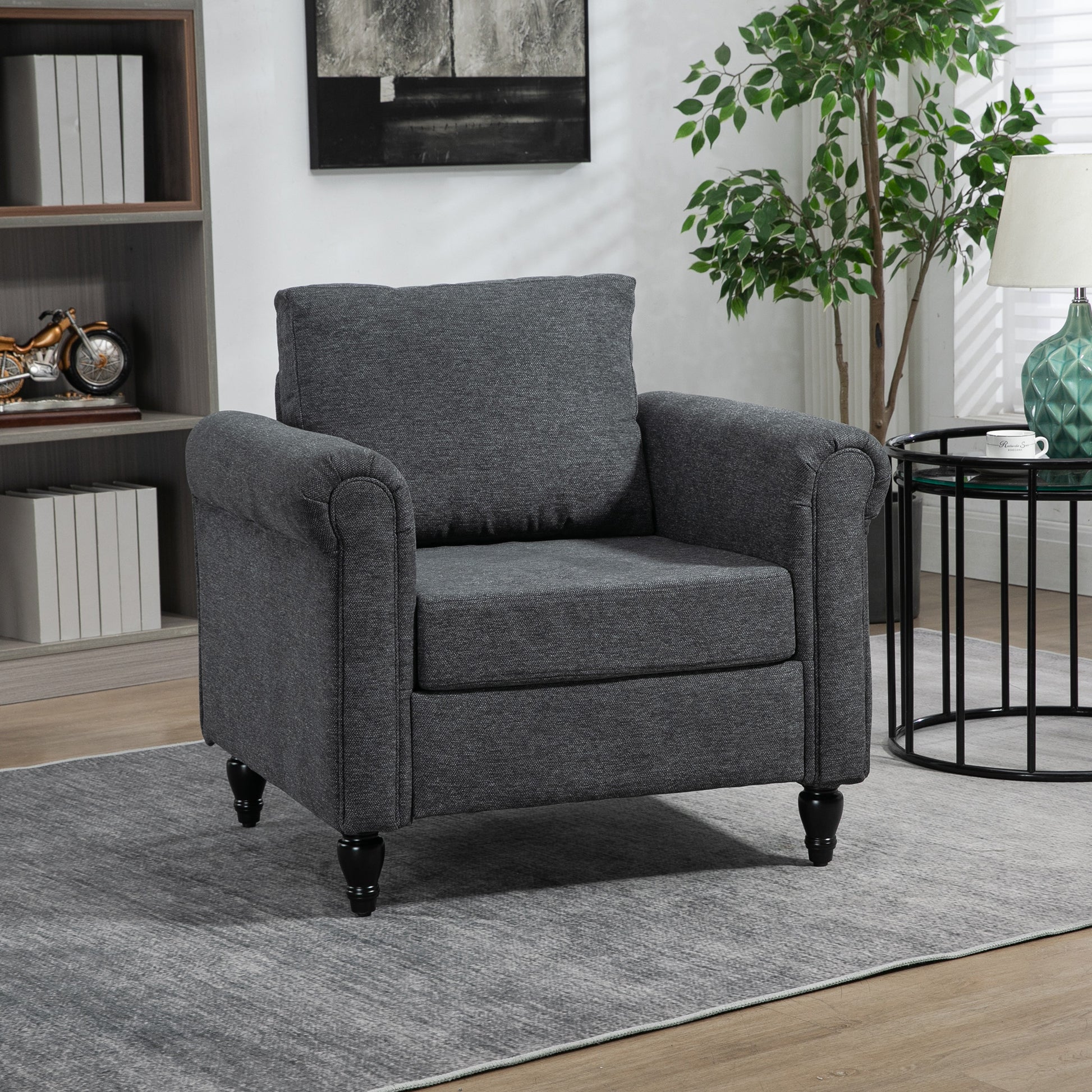 Vintage Armchair, Dark Grey, Rolled Arms, Rubber Wood Legs-DECOROLALA