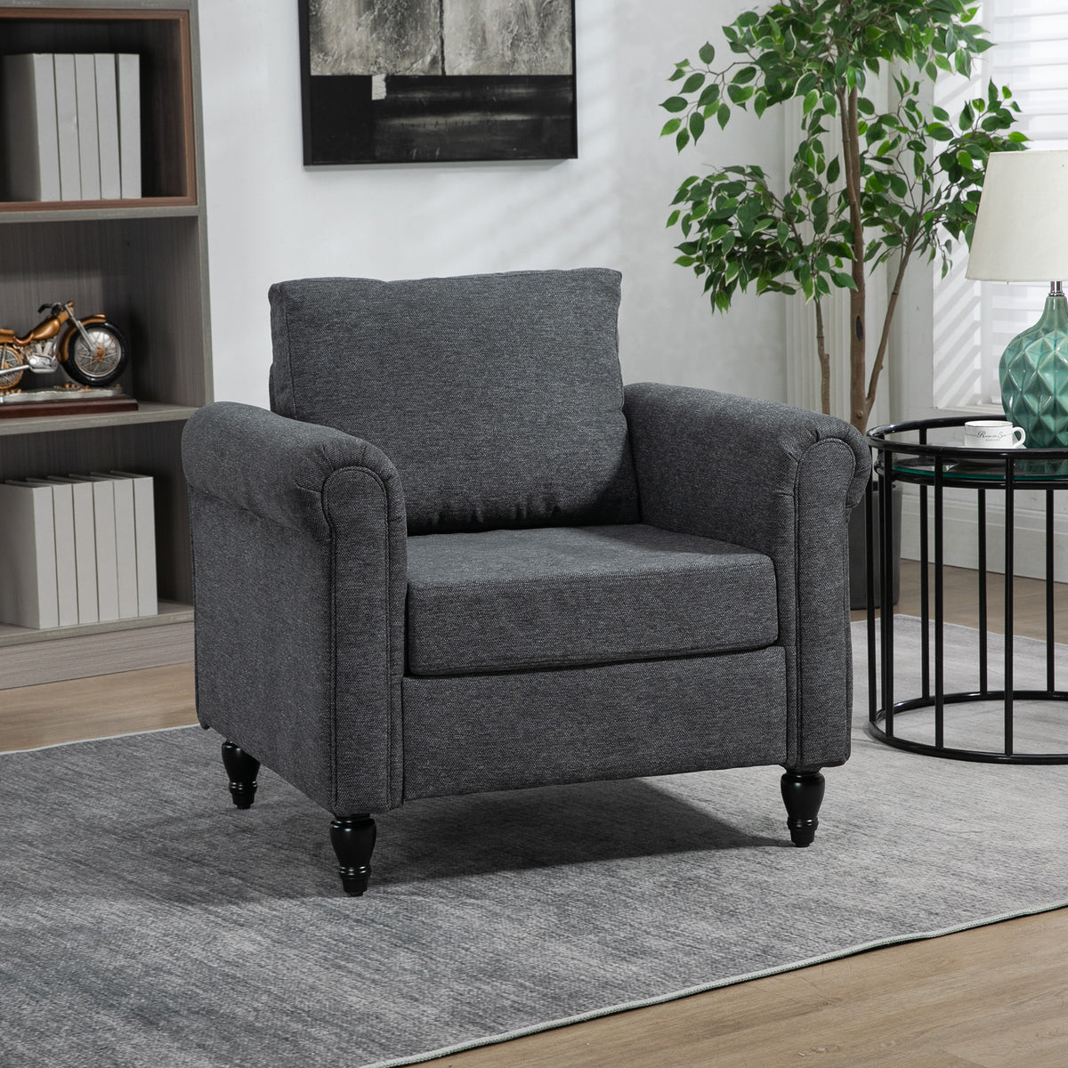 Vintage Armchair, Dark Grey, Rolled Arms, Rubber Wood Legs-Armchairs-DECOROLALA