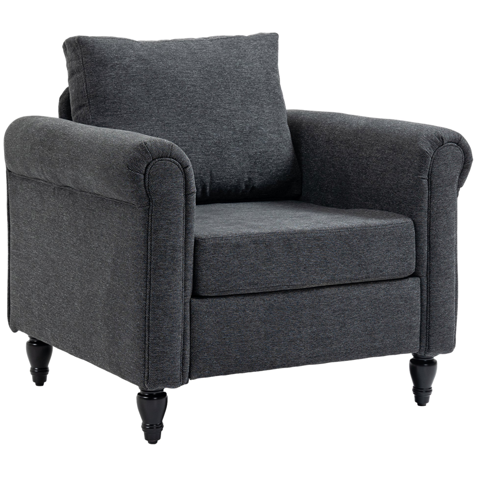 Vintage Armchair, Dark Grey, Rolled Arms, Rubber Wood Legs-DECOROLALA