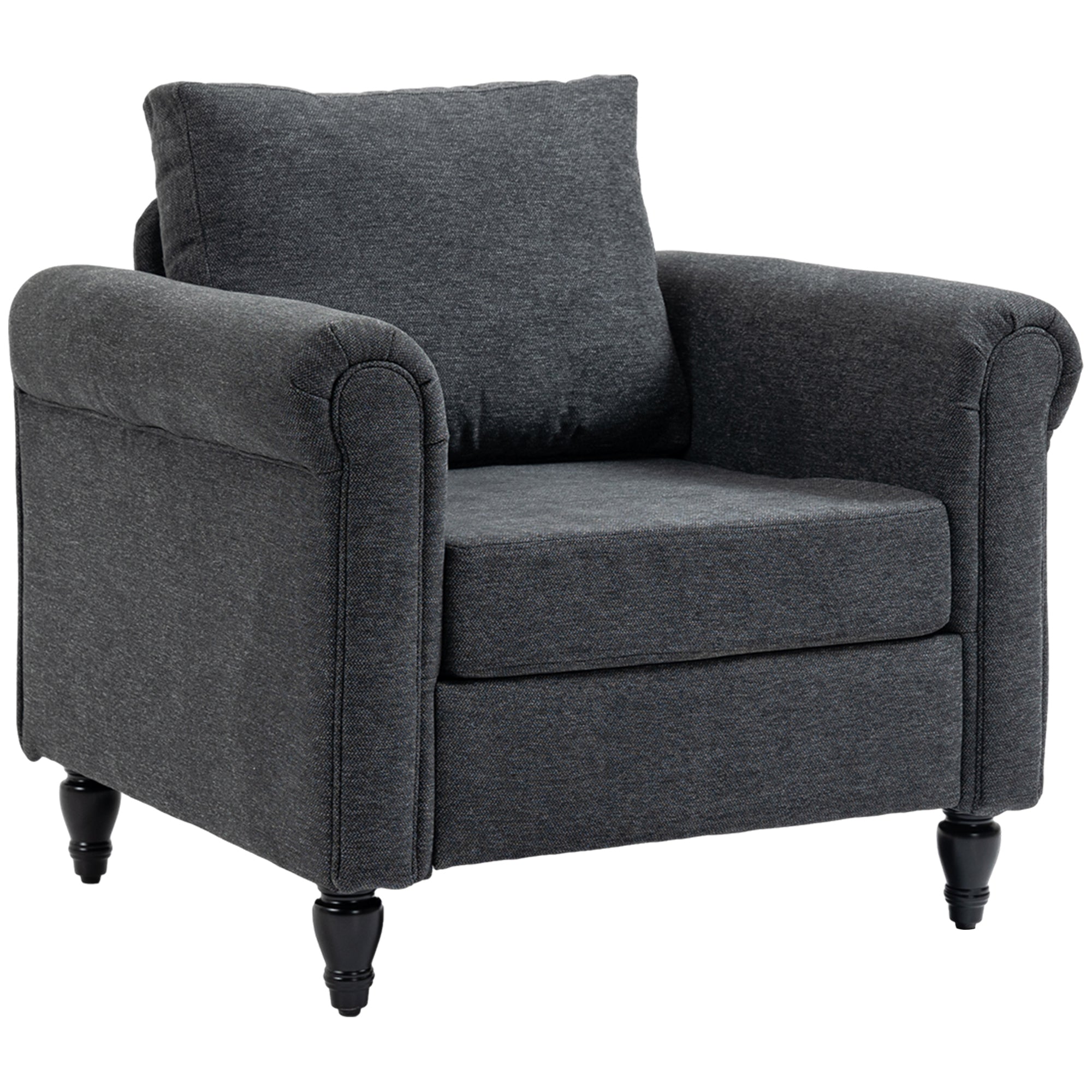 Vintage Armchair, Dark Grey, Rolled Arms, Rubber Wood Legs-DECOROLALA