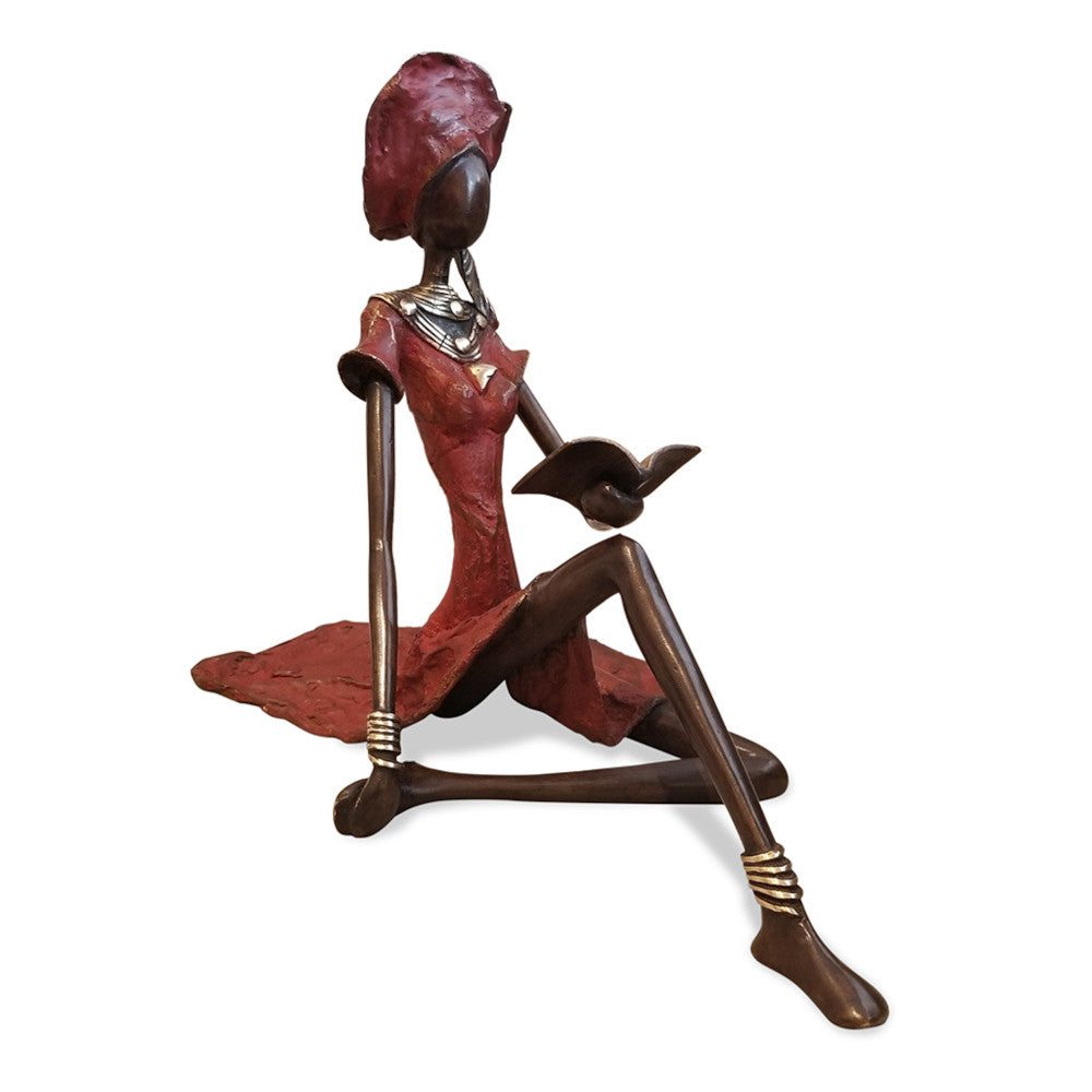 Vintage Bronze Seated West African Woman Reading Sculpture-Sculptures-DECOROLALA