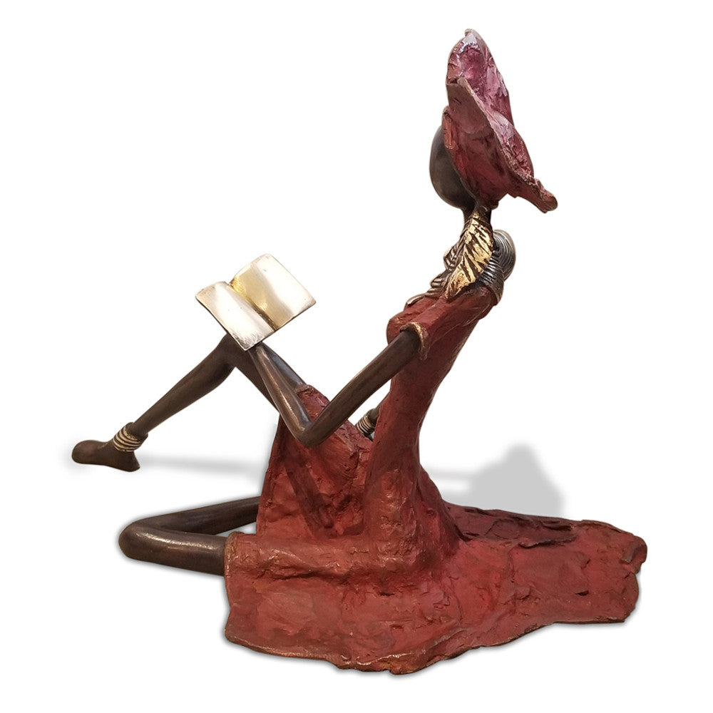 Vintage Bronze Seated West African Woman Reading Sculpture-Sculptures-DECOROLALA