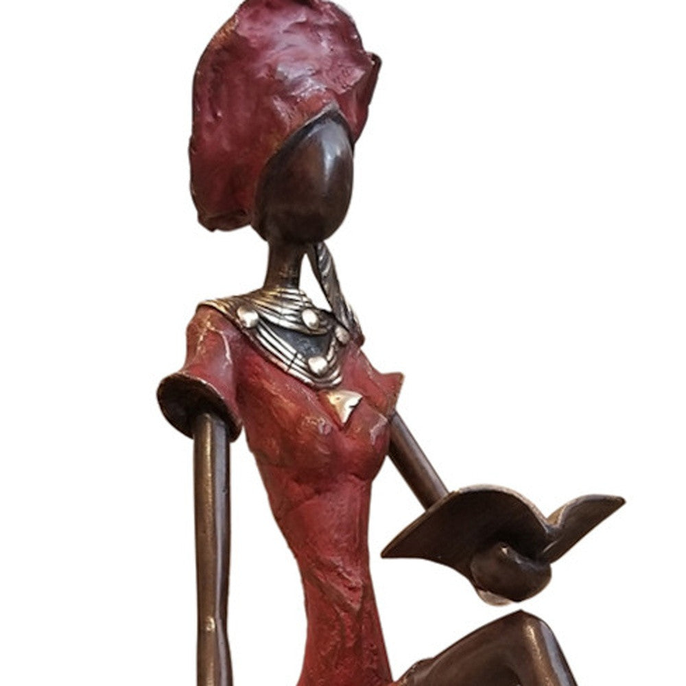 Vintage Bronze Seated West African Woman Reading Sculpture-Sculptures-DECOROLALA