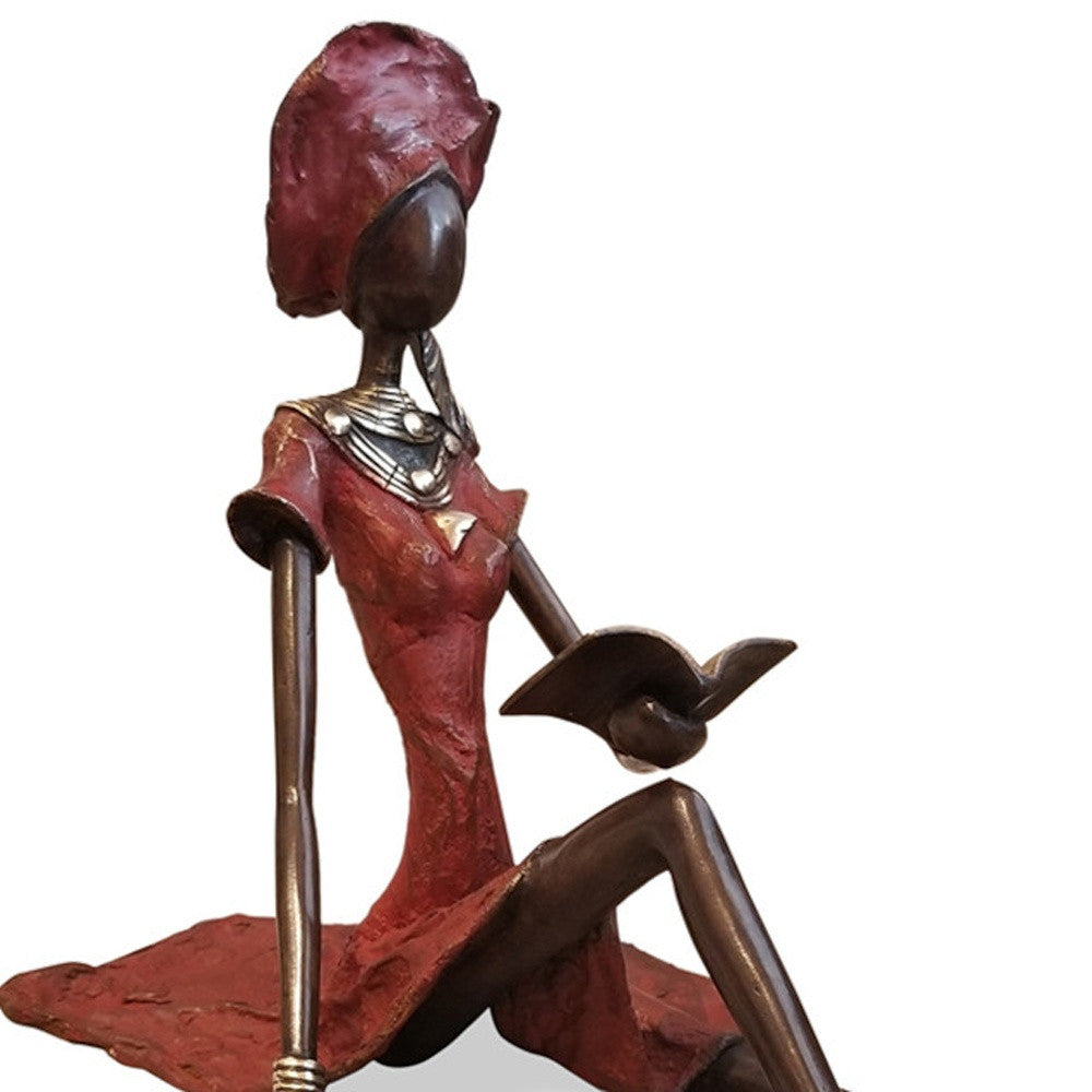 Vintage Bronze Seated West African Woman Reading Sculpture-Sculptures-DECOROLALA
