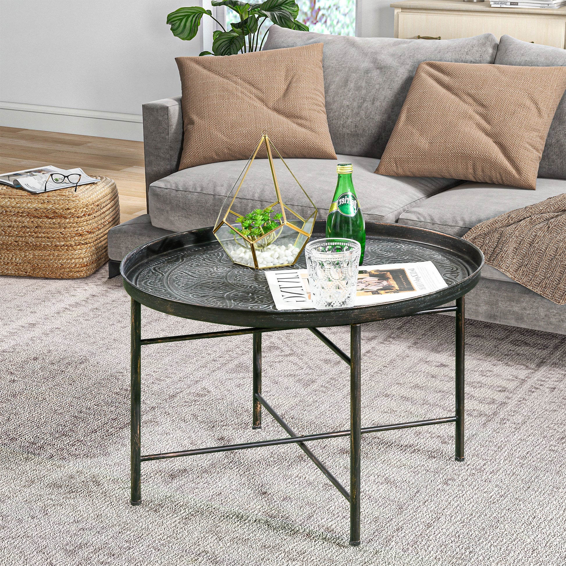 Vintage Coffee Table for Living Room, 24" Round Center Table with Hammered Tray Top and Metal Frame, Pewter-Home Furnishings > Living Room Furniture > Coffee Tables-DECOROLALA