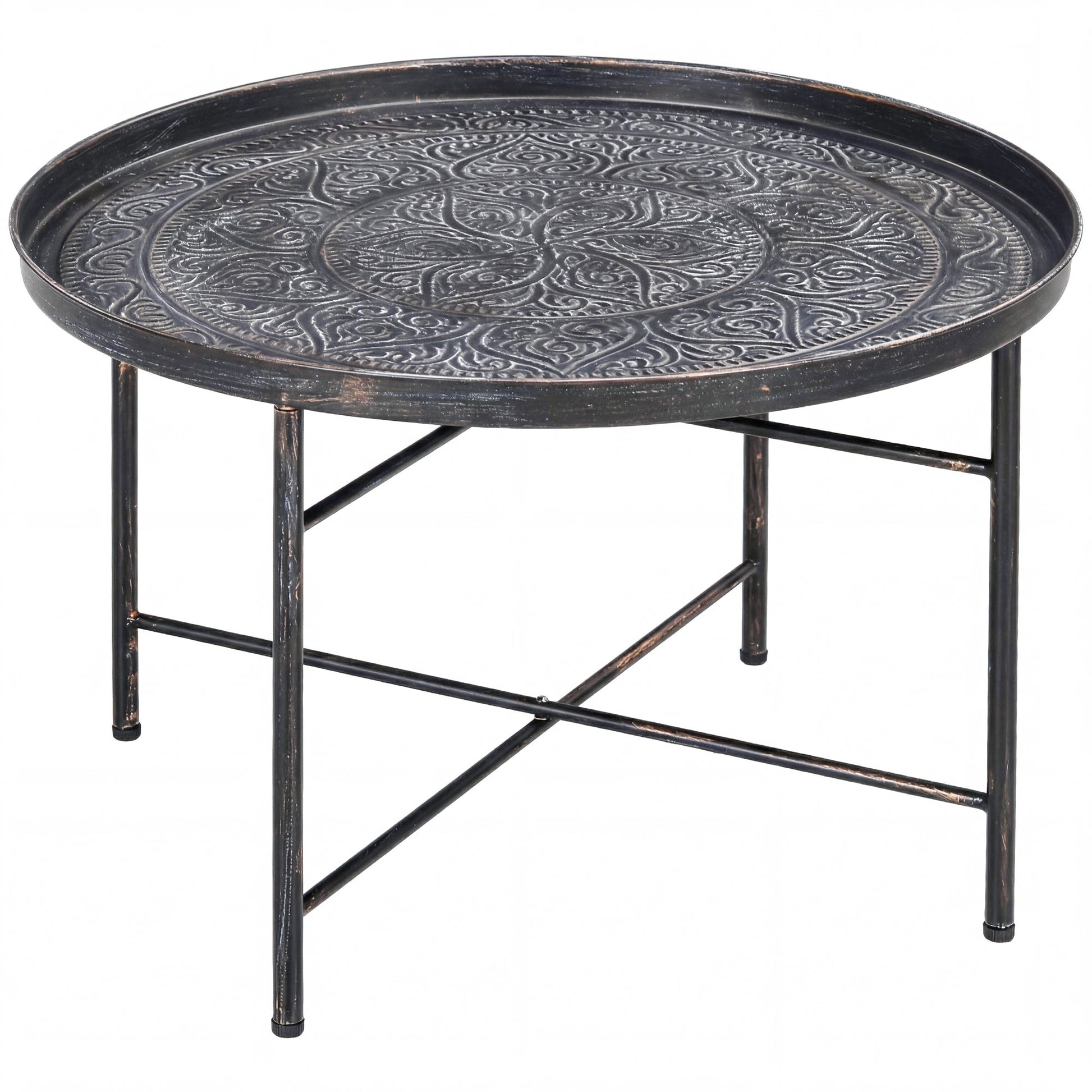 Vintage Coffee Table for Living Room, 24" Round Center Table with Hammered Tray Top and Metal Frame, Pewter-Home Furnishings > Living Room Furniture > Coffee Tables-DECOROLALA