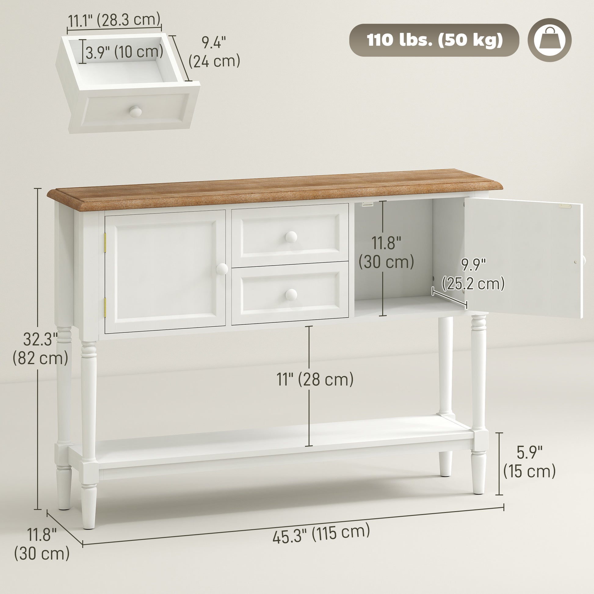 Vintage Console Table, White, 2 Drawers, Cabinets, Retro Entryway, Living Room, Bedroom-DECOROLALA