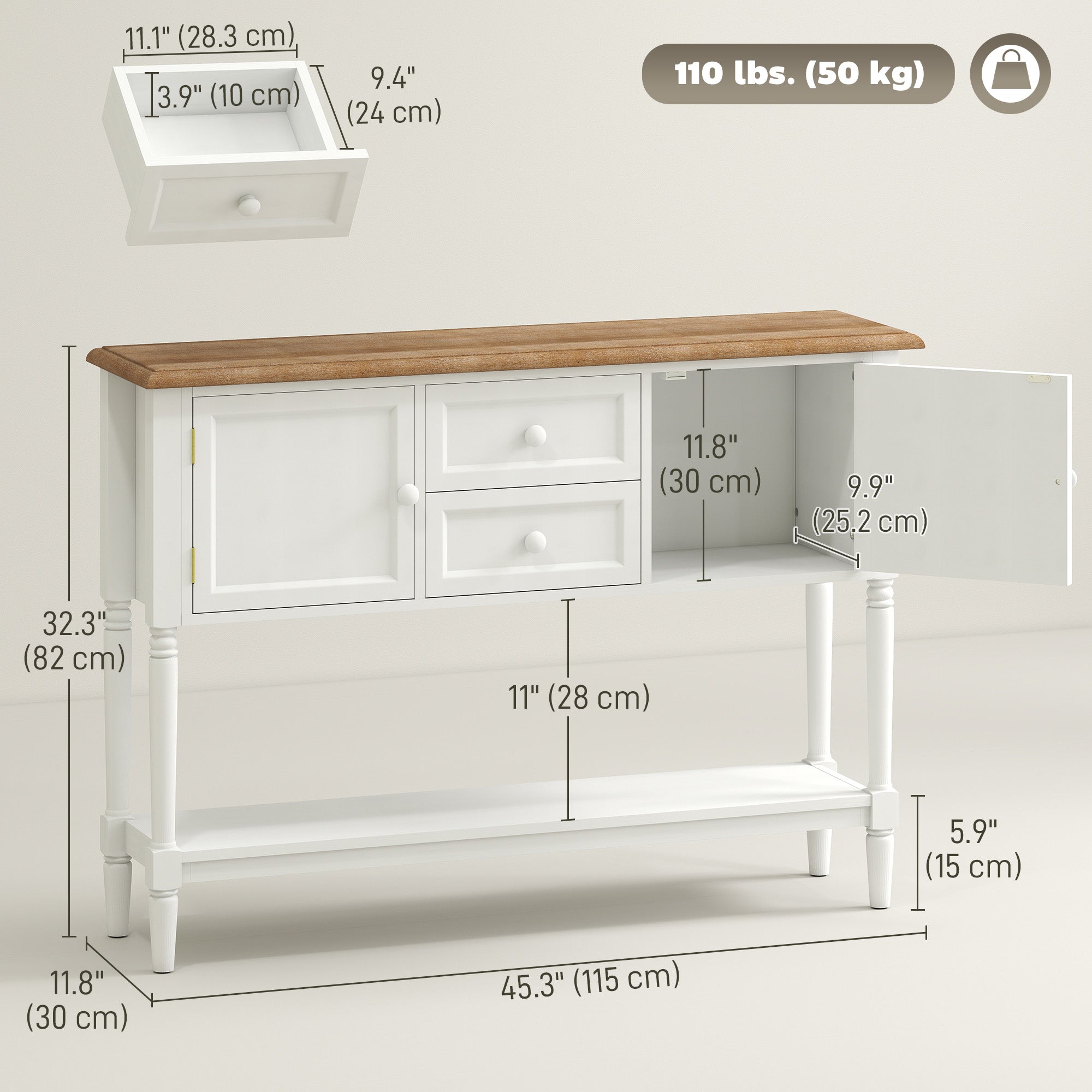 Vintage Console Table, White, 2 Drawers, Cabinets, Retro Entryway, Living Room, Bedroom-DECOROLALA