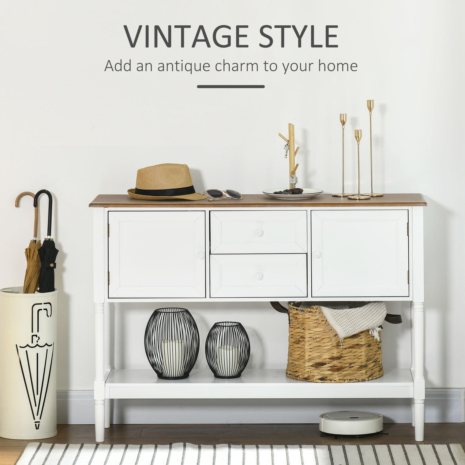 Vintage Console Table, White, 2 Drawers, Cabinets, Retro Entryway, Living Room, Bedroom-DECOROLALA