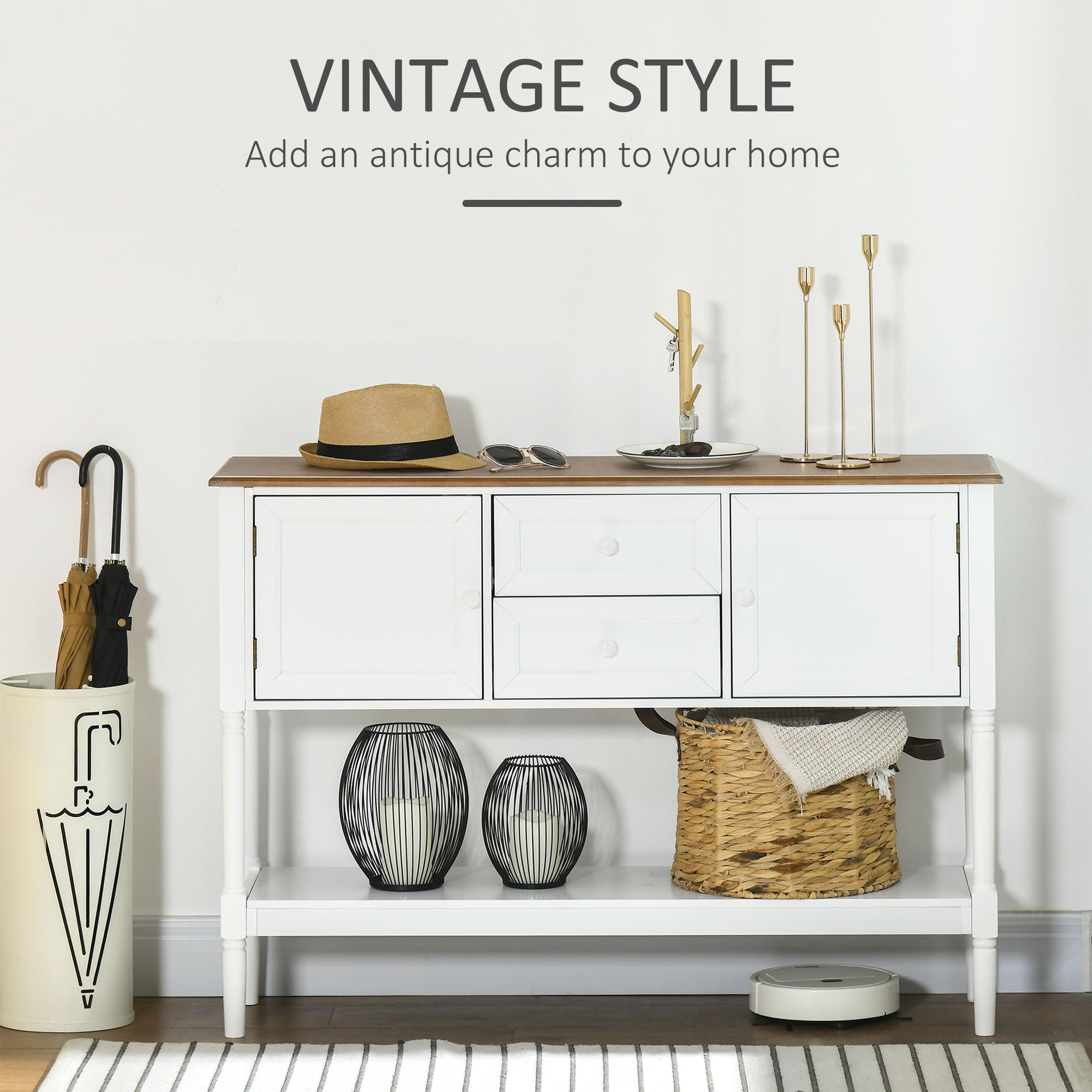 Vintage Console Table, White, 2 Drawers, Cabinets, Retro Entryway, Living Room, Bedroom-DECOROLALA