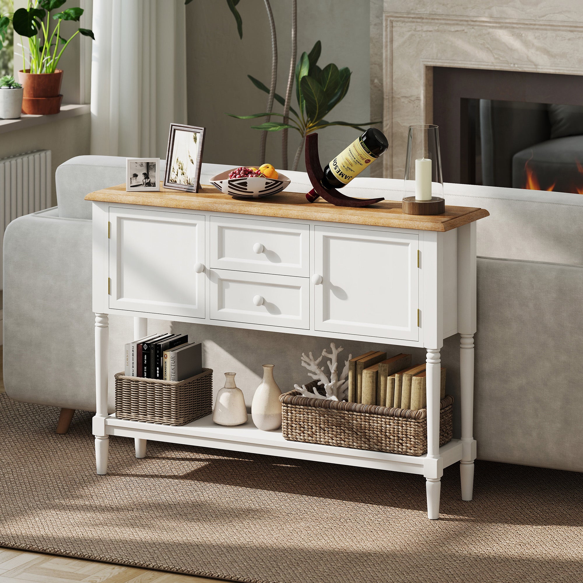 Vintage Console Table, White, 2 Drawers, Cabinets, Retro Entryway, Living Room, Bedroom-DECOROLALA