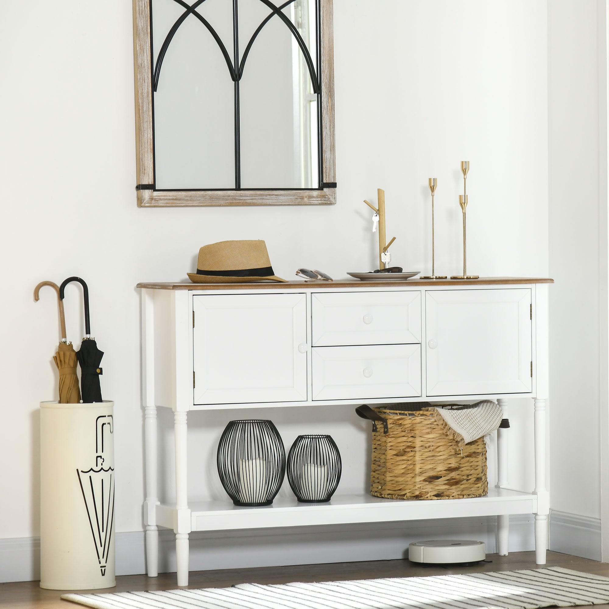 Vintage Console Table, White, 2 Drawers, Cabinets, Retro Entryway, Living Room, Bedroom-DECOROLALA