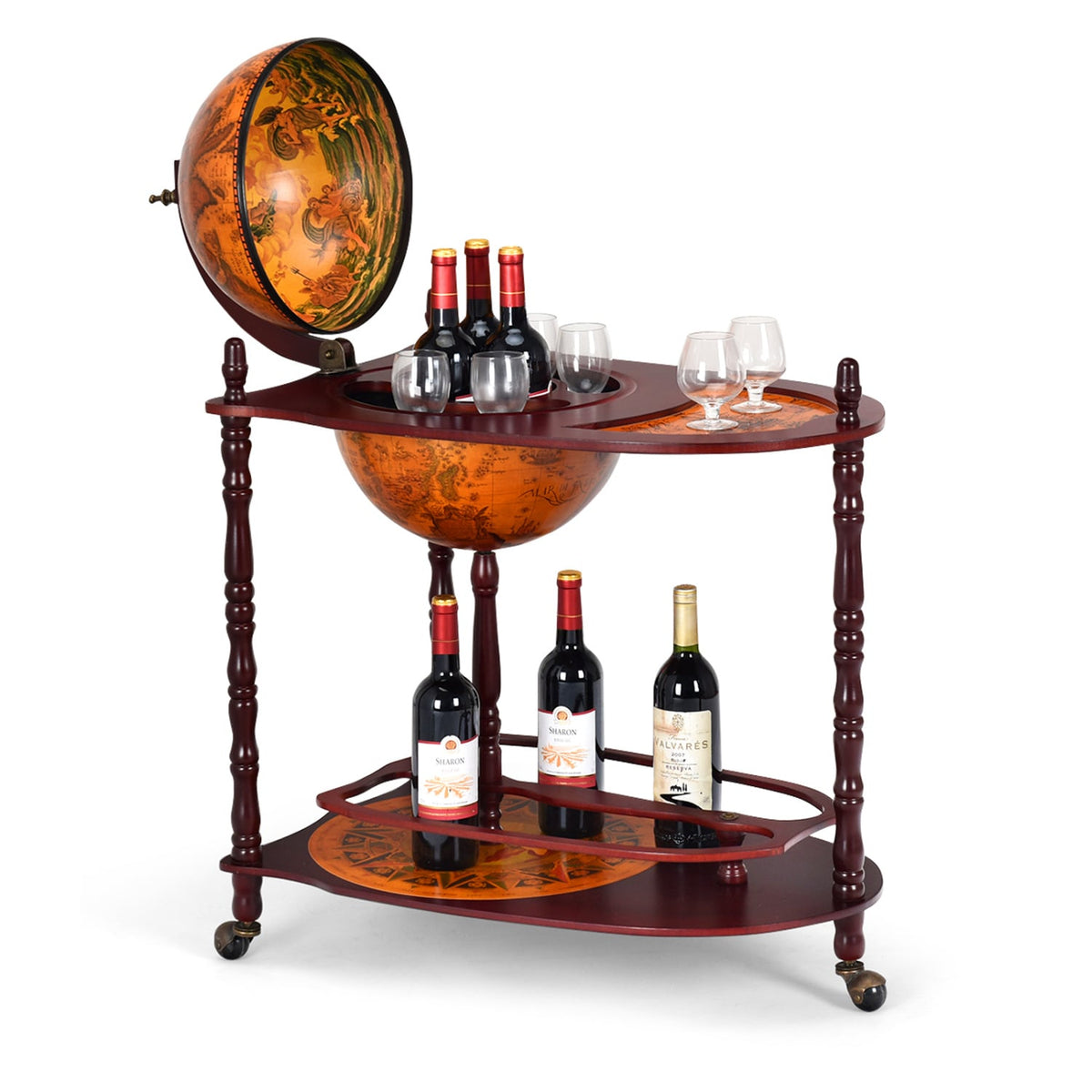 Vintage Globe Rolling Wine Bar Cart with Extra Shelf-Wine Racks-DECOROLALA