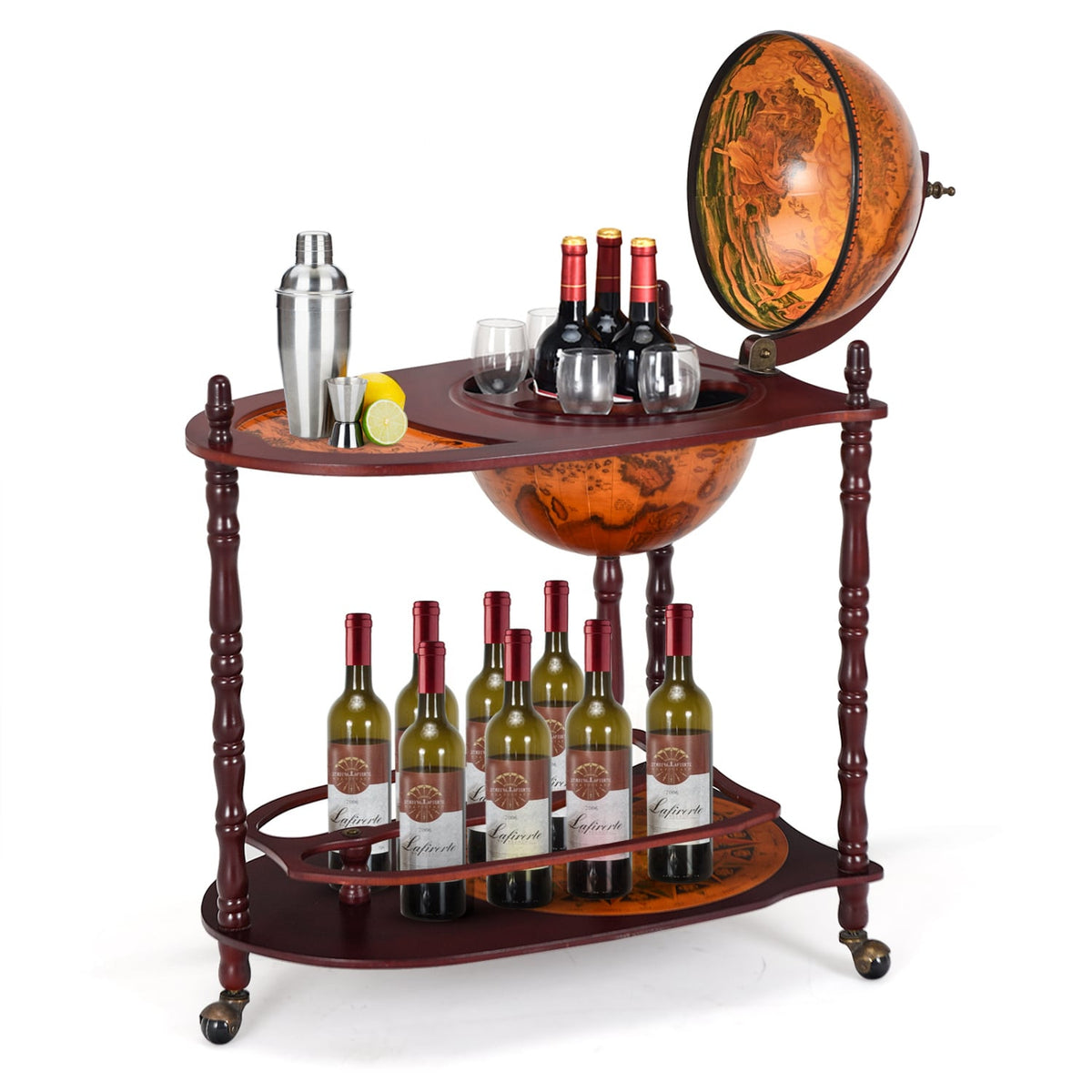 Vintage Globe Rolling Wine Bar Cart with Extra Shelf-Wine Racks-DECOROLALA