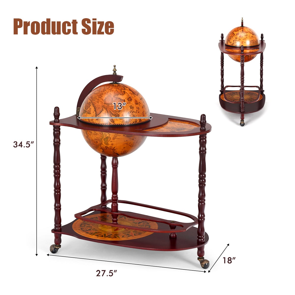 Vintage Globe Rolling Wine Bar Cart with Extra Shelf-Wine Racks-DECOROLALA
