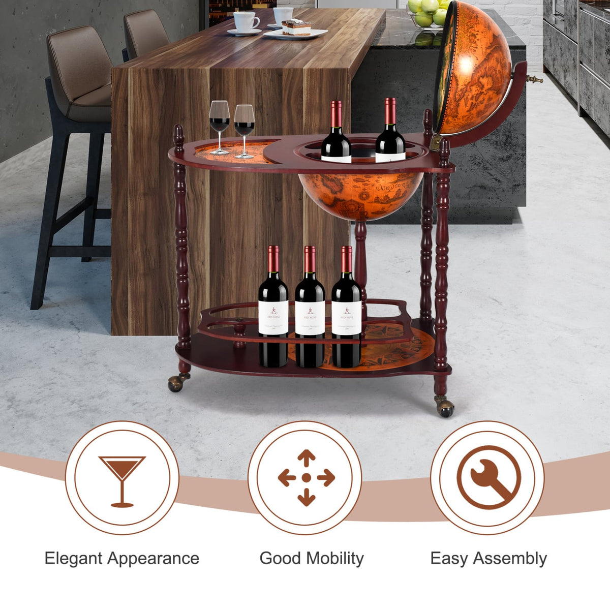 Vintage Globe Rolling Wine Bar Cart with Extra Shelf-Wine Racks-DECOROLALA