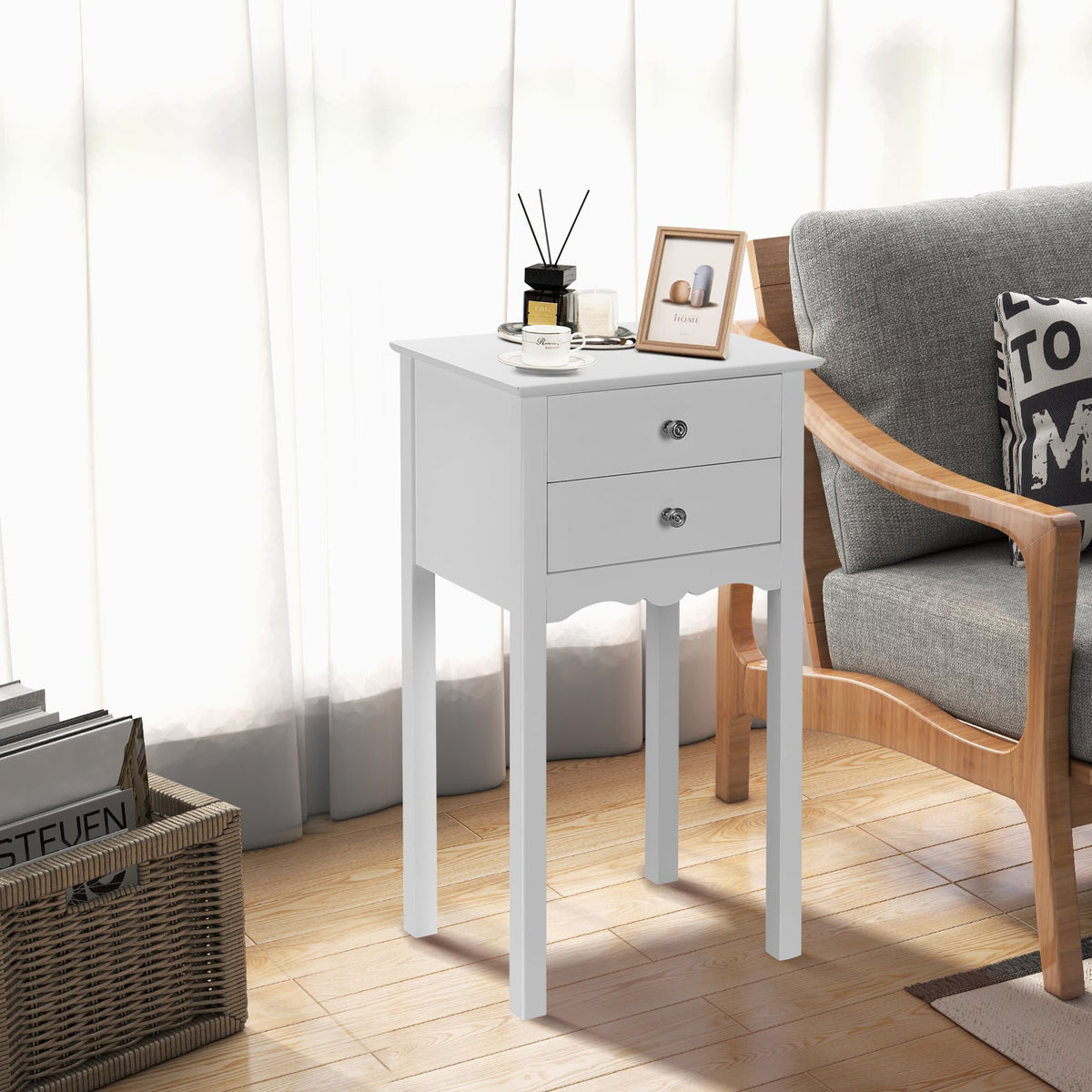 Vintage Side End Table with 2 Storage Drawers-White-End & Side Tables-DECOROLALA