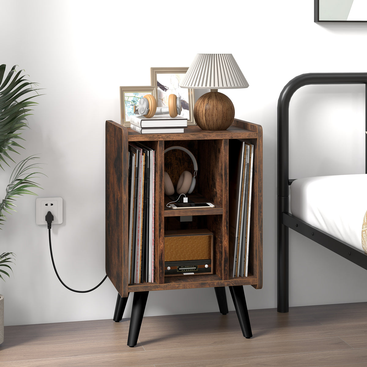 Vinyl Record Storage Turntable Stand with 4 Open Shelves-Brown-End & Side Tables-DECOROLALA