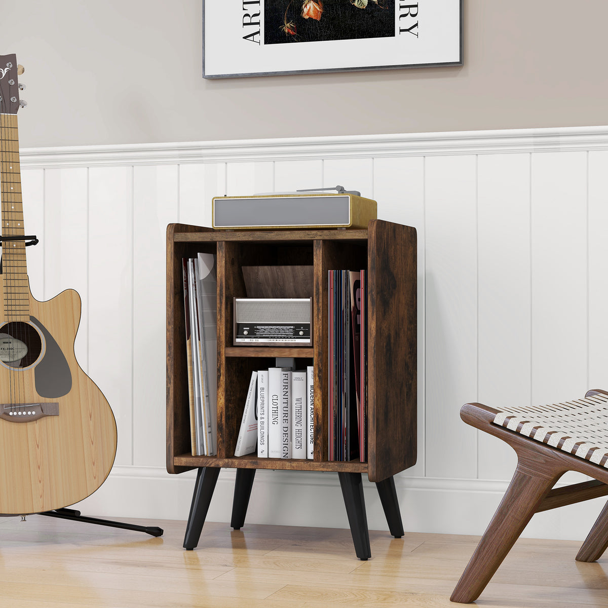 Vinyl Record Storage Turntable Stand with 4 Open Shelves-Brown-End & Side Tables-DECOROLALA