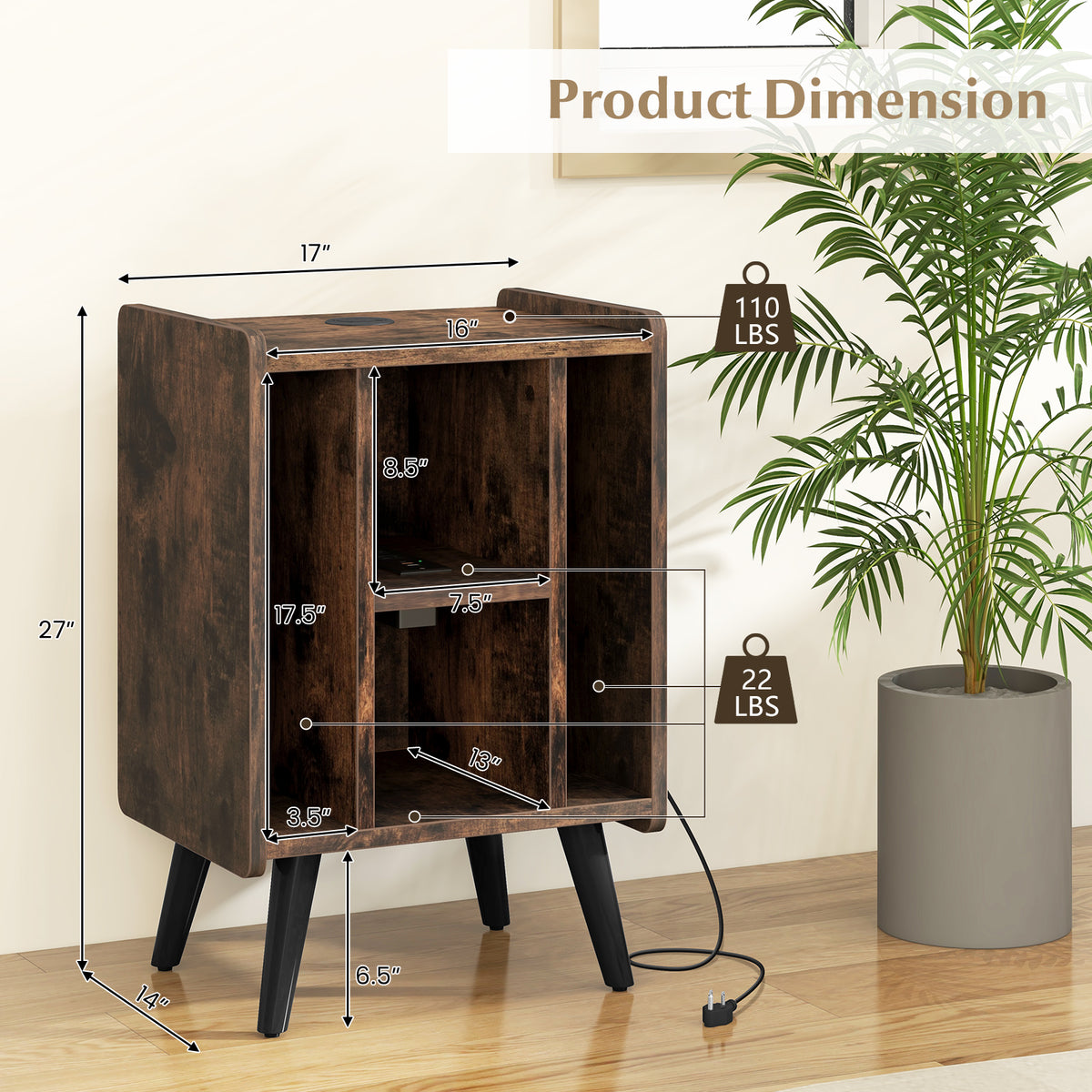 Vinyl Record Storage Turntable Stand with 4 Open Shelves-Brown-End & Side Tables-DECOROLALA