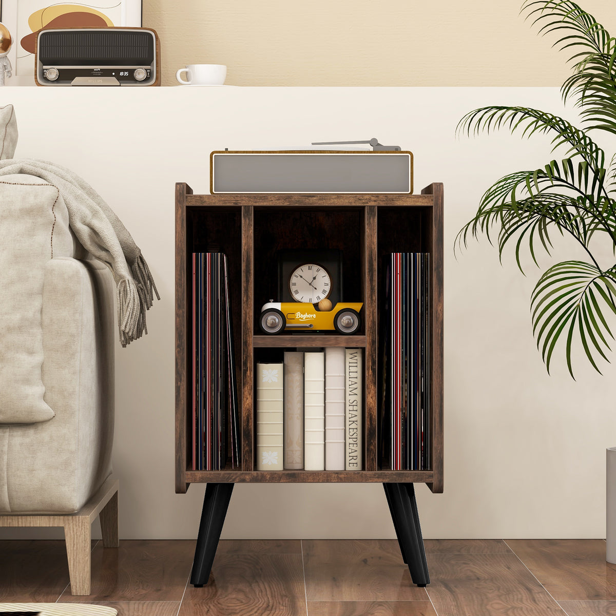Vinyl Record Storage Turntable Stand with 4 Open Shelves-Brown-End & Side Tables-DECOROLALA