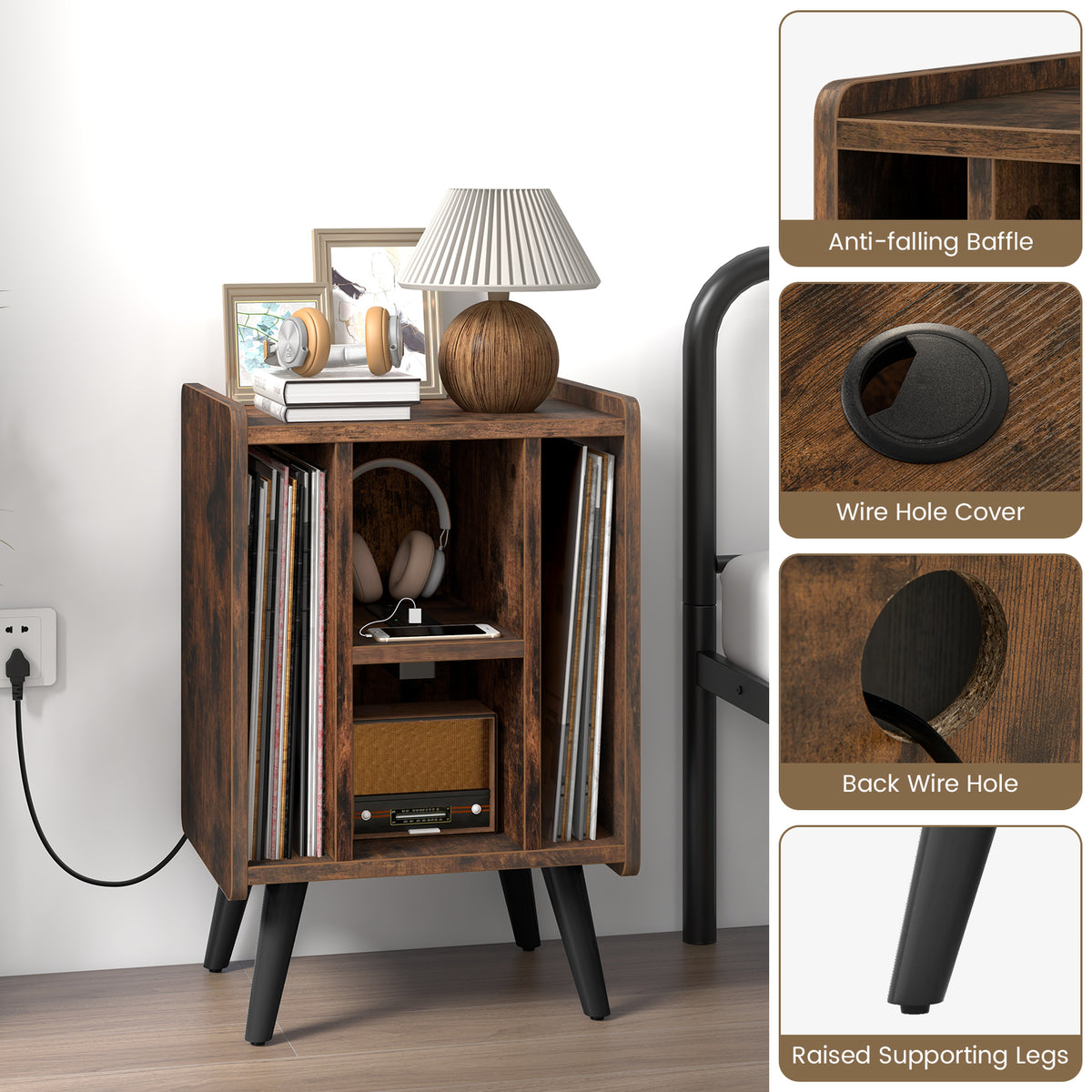 Vinyl Record Storage Turntable Stand with 4 Open Shelves-Brown-End & Side Tables-DECOROLALA