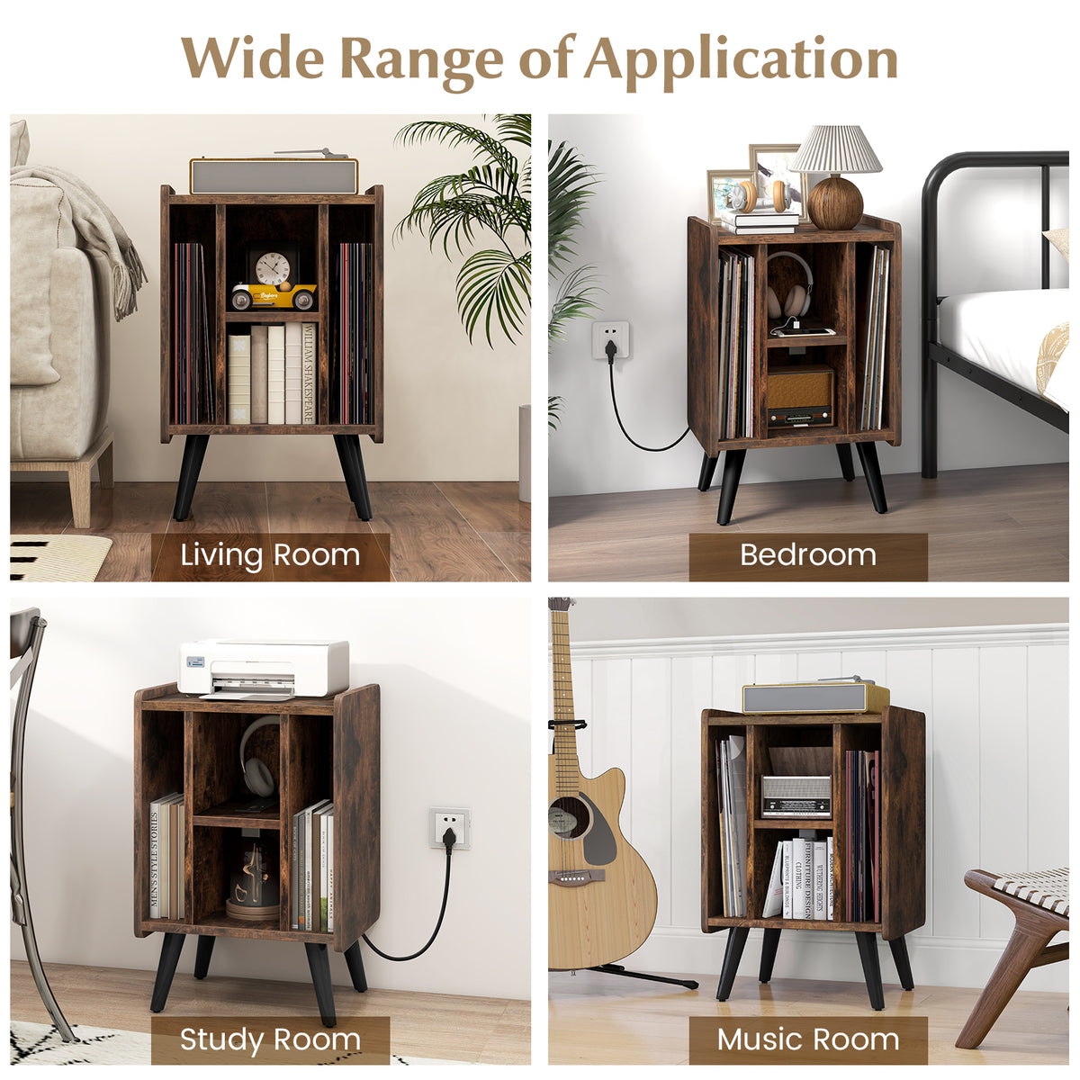 Vinyl Record Storage Turntable Stand with 4 Open Shelves-Brown-End & Side Tables-DECOROLALA