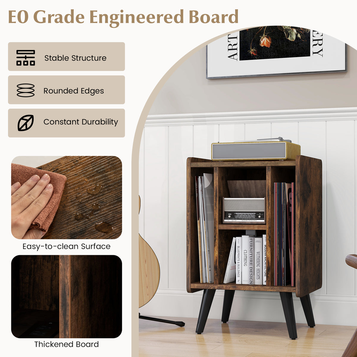 Vinyl Record Storage Turntable Stand with 4 Open Shelves-Brown-End & Side Tables-DECOROLALA