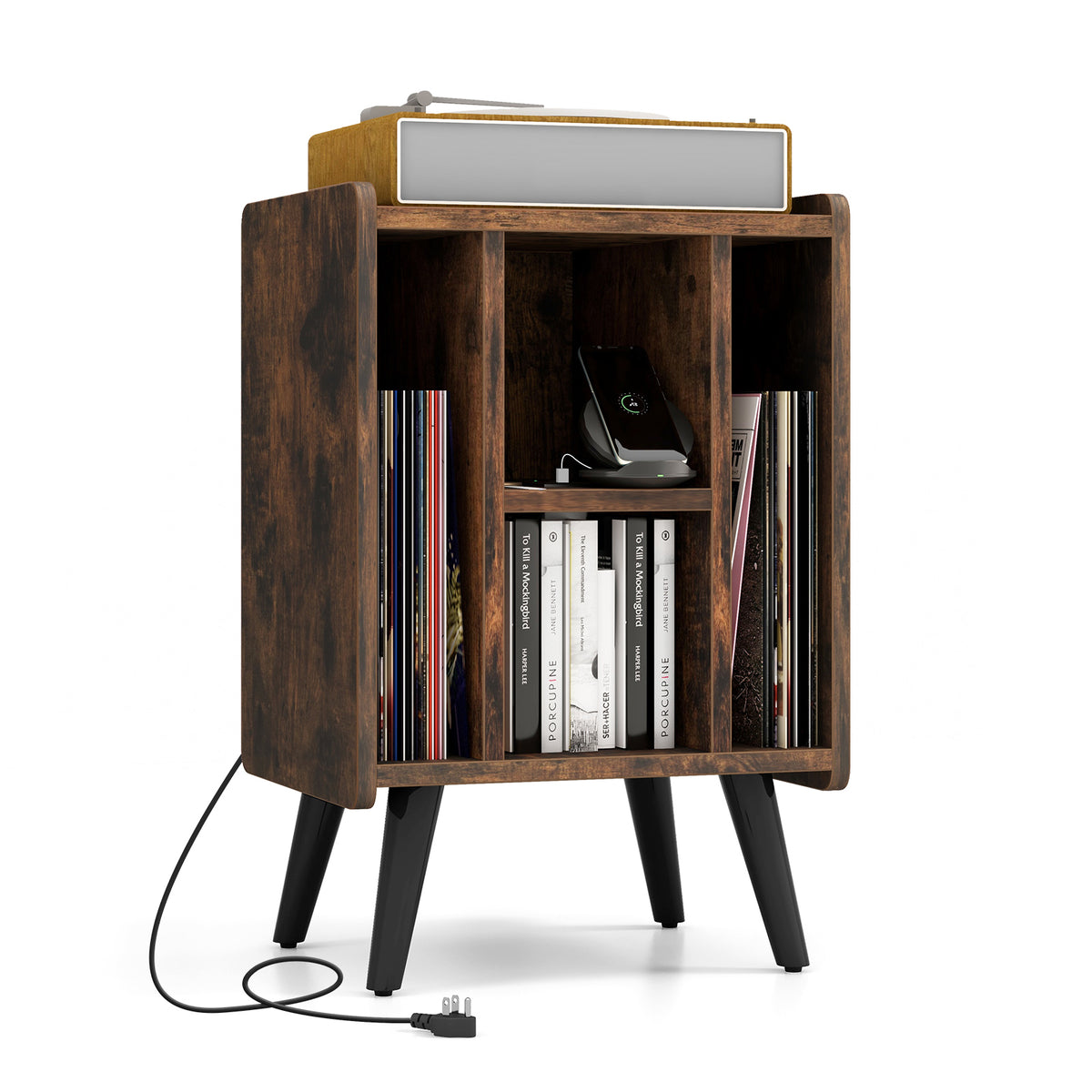 Vinyl Record Storage Turntable Stand with 4 Open Shelves-Brown-End & Side Tables-DECOROLALA