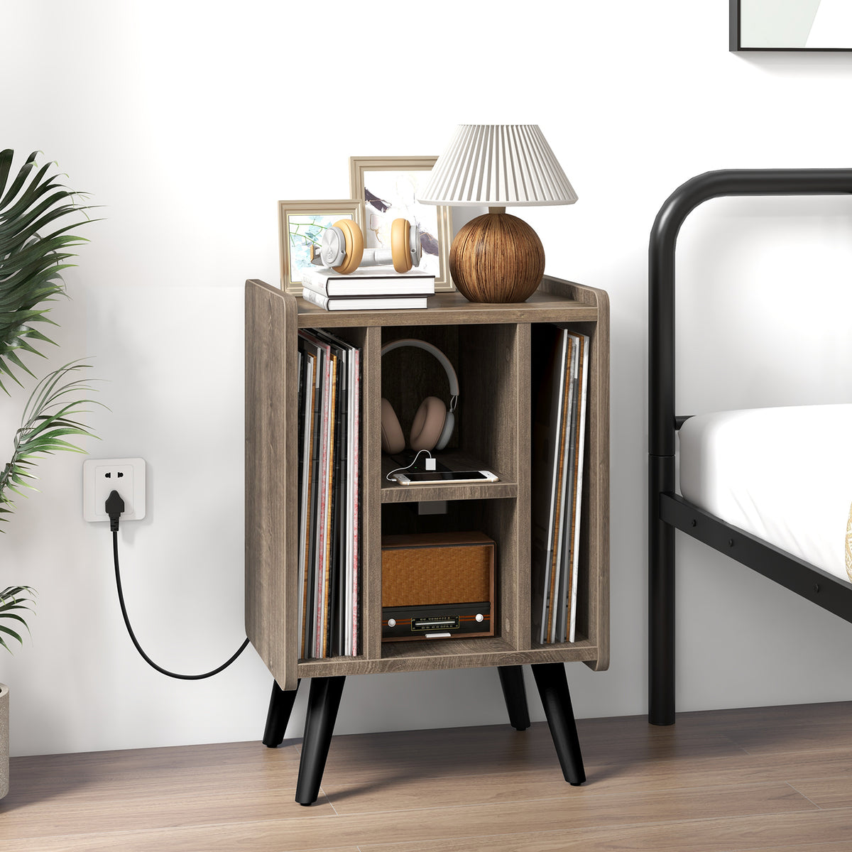 Vinyl Record Storage Turntable Stand with 4 Open Shelves-Gray-End & Side Tables-DECOROLALA