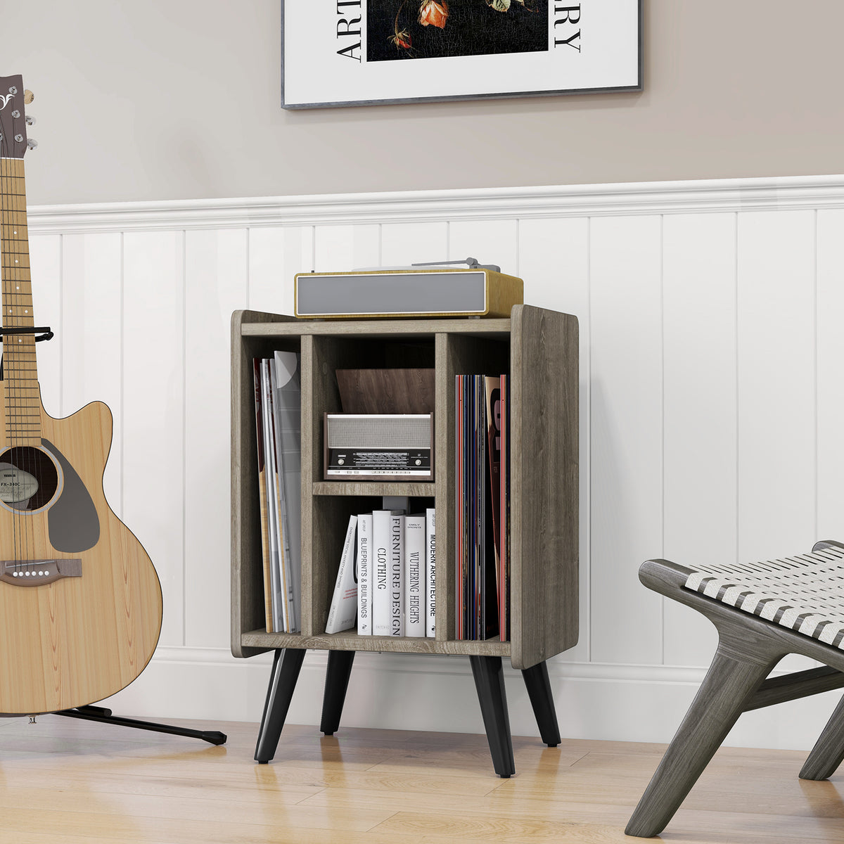 Vinyl Record Storage Turntable Stand with 4 Open Shelves-Gray-End & Side Tables-DECOROLALA