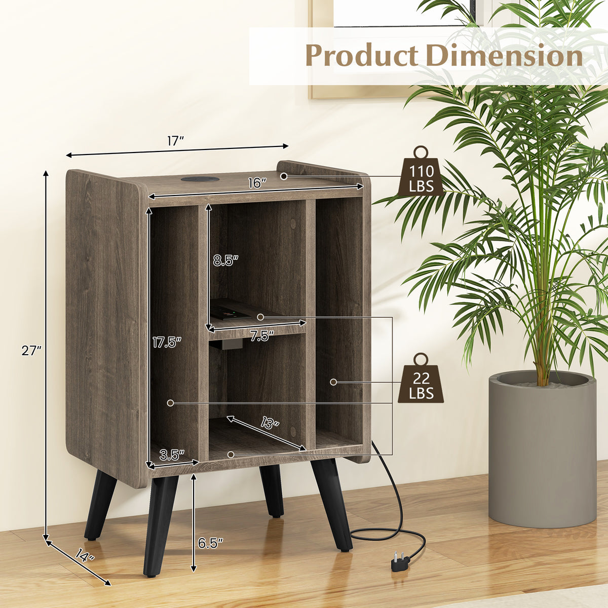 Vinyl Record Storage Turntable Stand with 4 Open Shelves-Gray-End & Side Tables-DECOROLALA