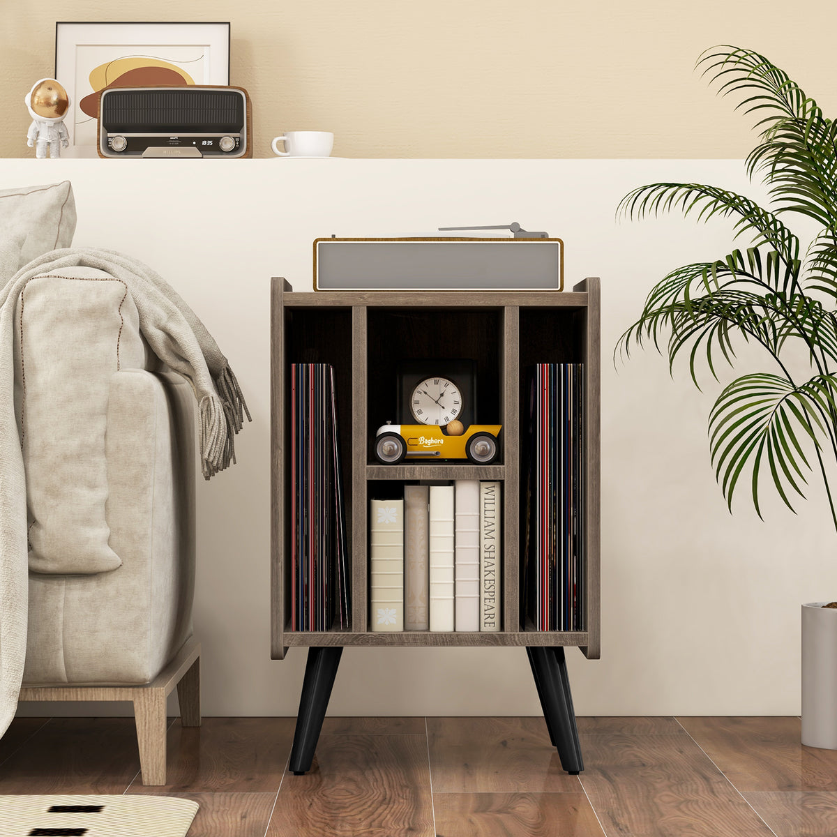 Vinyl Record Storage Turntable Stand with 4 Open Shelves-Gray-End & Side Tables-DECOROLALA