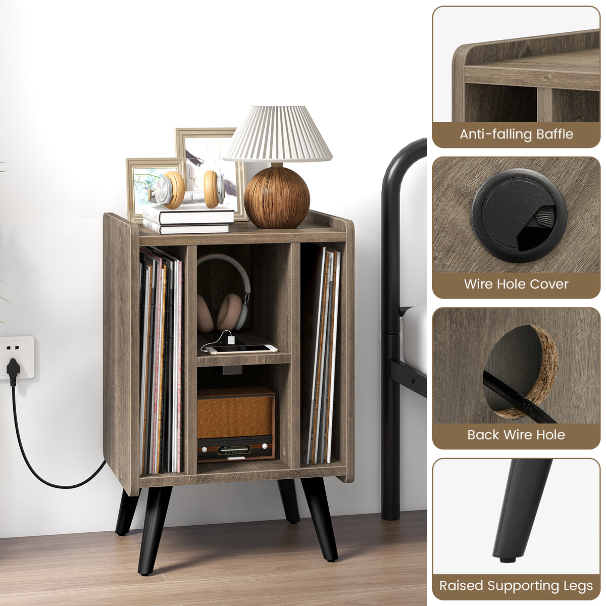 Vinyl Record Storage Turntable Stand with 4 Open Shelves-Gray-End & Side Tables-DECOROLALA