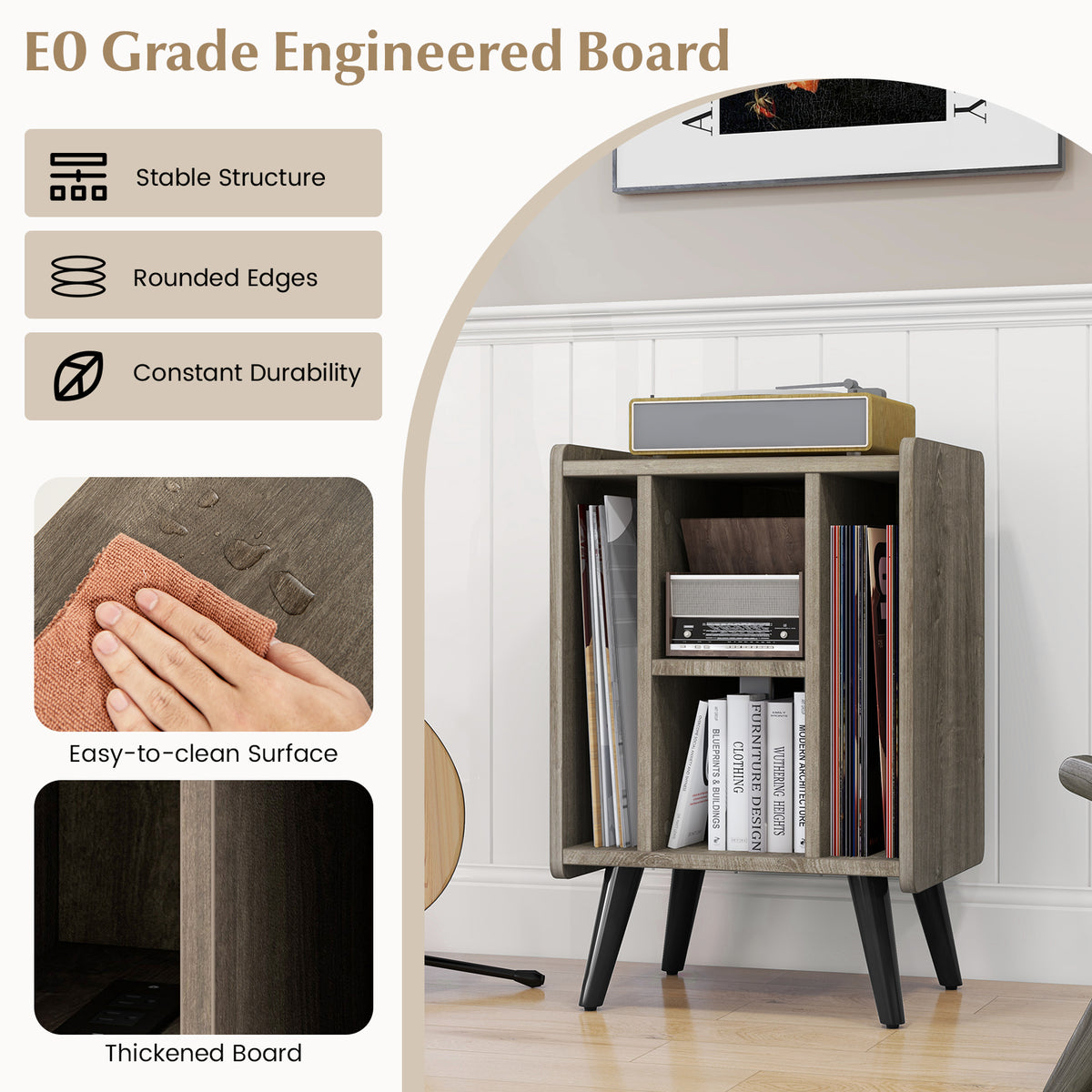 Vinyl Record Storage Turntable Stand with 4 Open Shelves-Gray-End & Side Tables-DECOROLALA