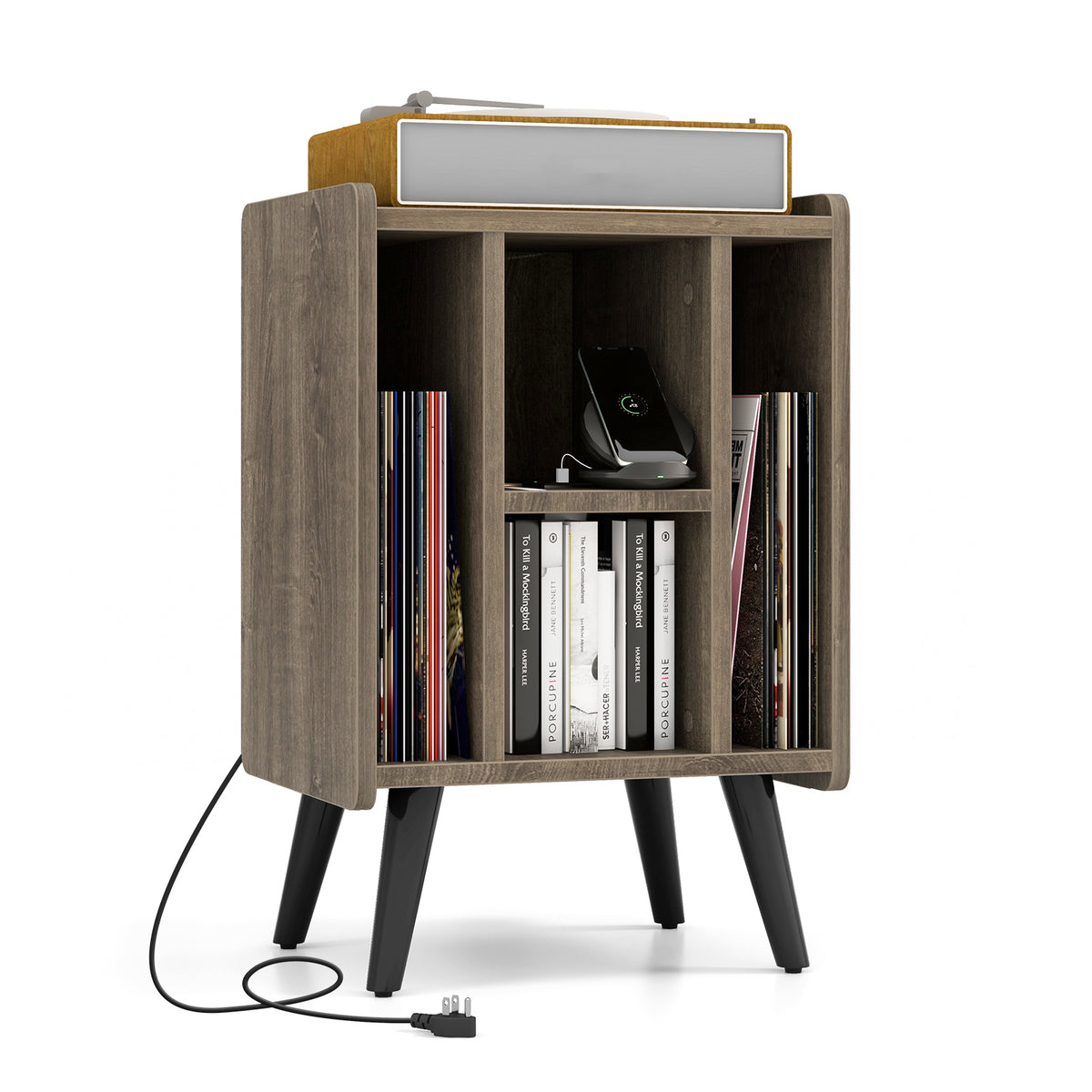 Vinyl Record Storage Turntable Stand with 4 Open Shelves-Gray-End & Side Tables-DECOROLALA
