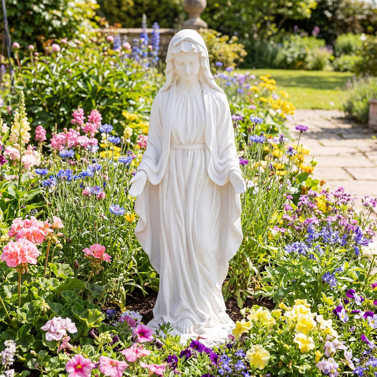 Virgin Mary Statue 29.5 inch Tall Outdoor Religious Sculpture with Aged Finish-White-Outdoor Decor-DECOROLALA