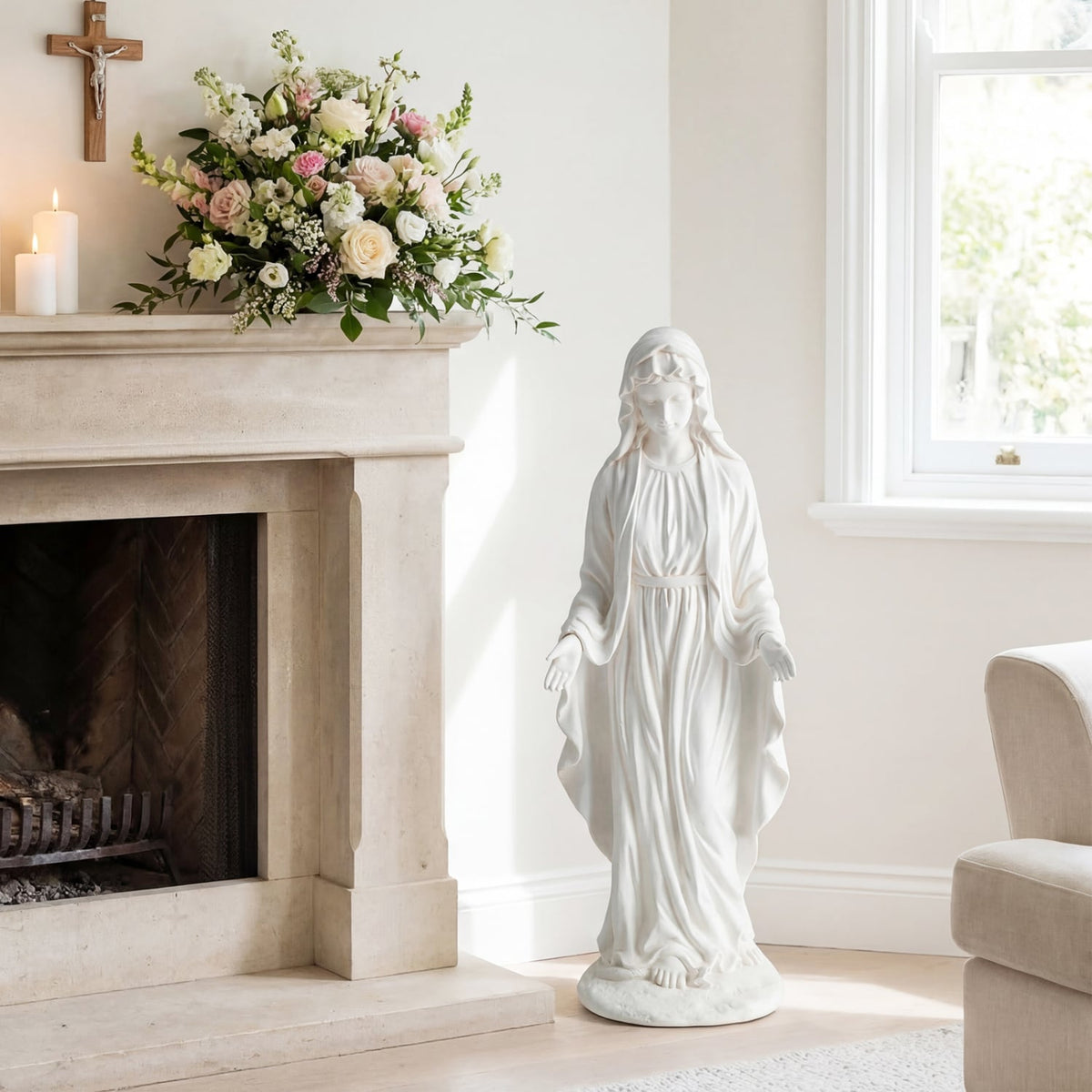 Virgin Mary Statue 29.5 inch Tall Outdoor Religious Sculpture with Aged Finish-White-Outdoor Decor-DECOROLALA